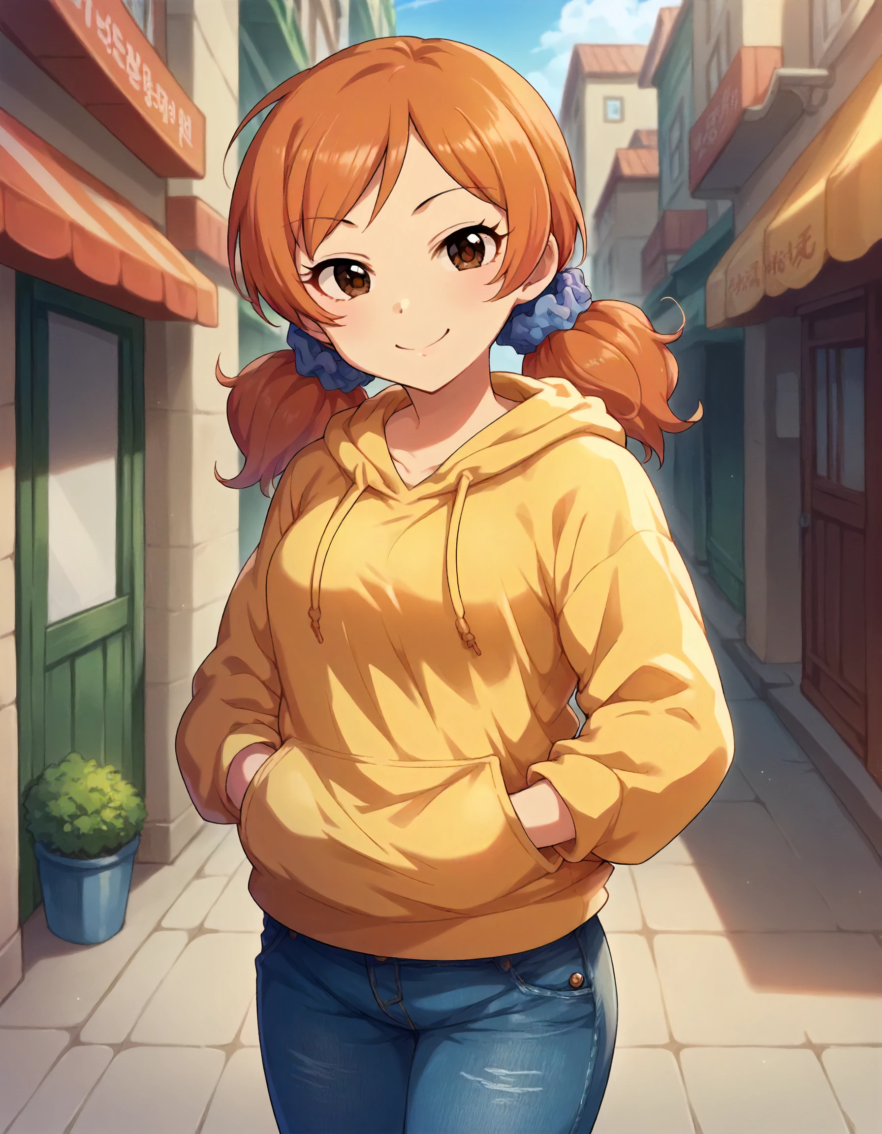 score_9,score_8_up,score_7_up,1girl,solo,cowboy shot,looking at viewer,smile,closed mouth,street,
<lora:komatsuibuki_ponyXLV6:0.8>,cgki,kiha,orange hair,low twintails,hair scrunchie,brown eyes,
yellow hoodie,denim