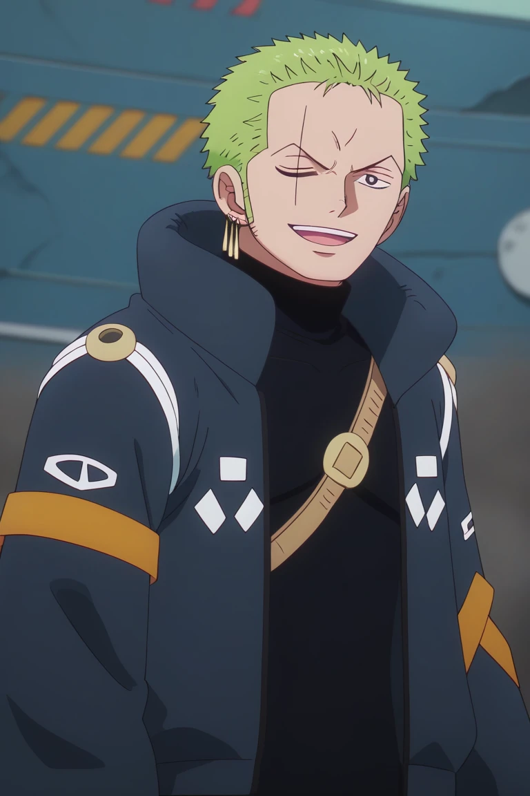 score_9, score_8_up, score_7_up, score_6_up, detailed, intricate details, highres, absurdres ,source_anime, cowboy shot, zoro_eh, green hair, grey   eyes, scar, black   bodysuit, jacket, 1boy, male focus, solo, scar across eye, one eye closed, earrings, scar on face, smile, jewelry, parody, short hair, upper body, looking at viewer, open mouth, fake screenshot, anime coloring<lora:EMS-429821-EMS:1.000000>