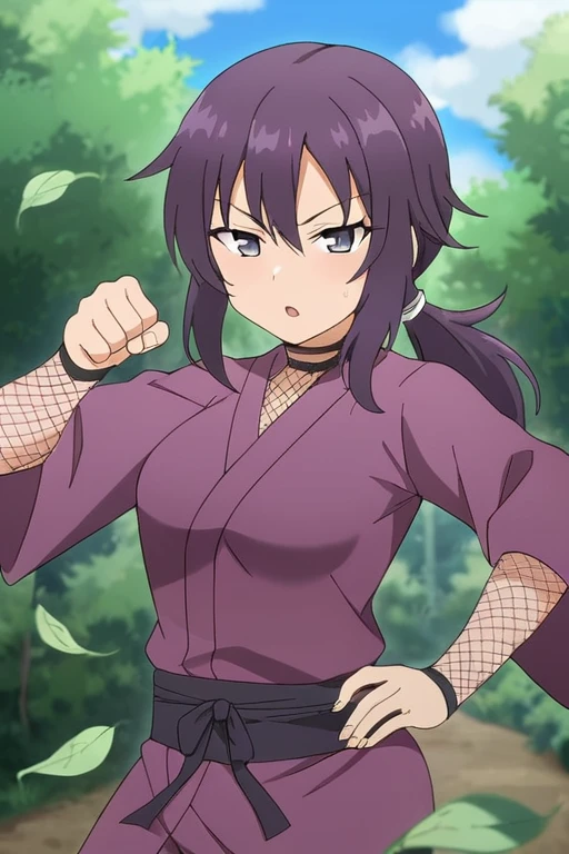 <lora:HanaSensei:0.7>  HanaSensei, 1girl,  looking at viewer, purple kimono,  fishnets, low ponytail, outdoors, green leaf, fighting stance,