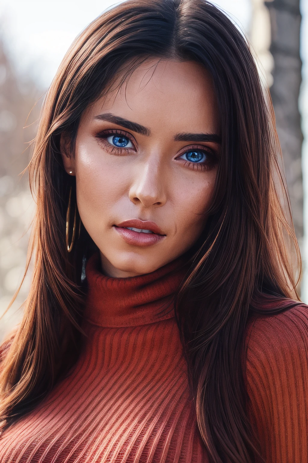 mndngwmn, (blue eyes:0.3),turtleneck sweater, , (ultra realistic, 8k,high quality), natural lighting, (wearing makeup:1.1),