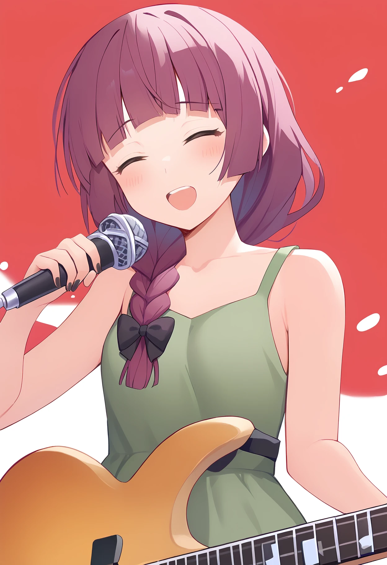 1girl, 
hiroi kikuri,  
single braid, open mouth, black nails, guitar, green dress, upper teeth only, white background, dress, sleeveless, microphone, bass guitar, holding microphone, two-tone background, long hair, blush, teeth, upper body, fingernails, collarbone, red background, hair bow, purple hair, braid, blunt bangs, closed eyes, holding, electric guitar, nail polish, bow, instrument, solo, black bow, 
score_9,  sfw
 <lora:pony_char_hiroi_kikuri-000019:1>