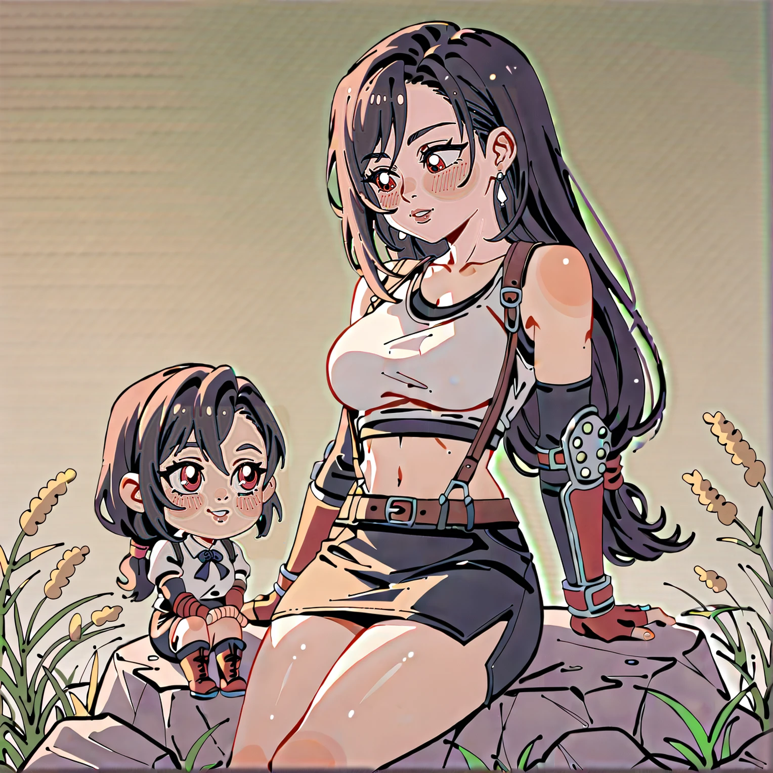 2girls, <lora:Character_Hanging_Out_With_Chibi_Version_Of_Themselves:0.6>, chibihangout, size difference, minigirl, chibi, <lora:tifa-nvwls-v2:0.6> ,  defTifa, red eyes, black hair, low-tied long hair, earrings, white crop top, suspenders, black miniskirt, pencil skirt, arm warmers, elbow gloves, elbow pads, red gloves,  outside, sitting on rock,  BREAK score_9, score_8_up, score_7_up, best quality, masterpiece, 4k, prefect lighting, very aesthetic, anime, zPDXL2,