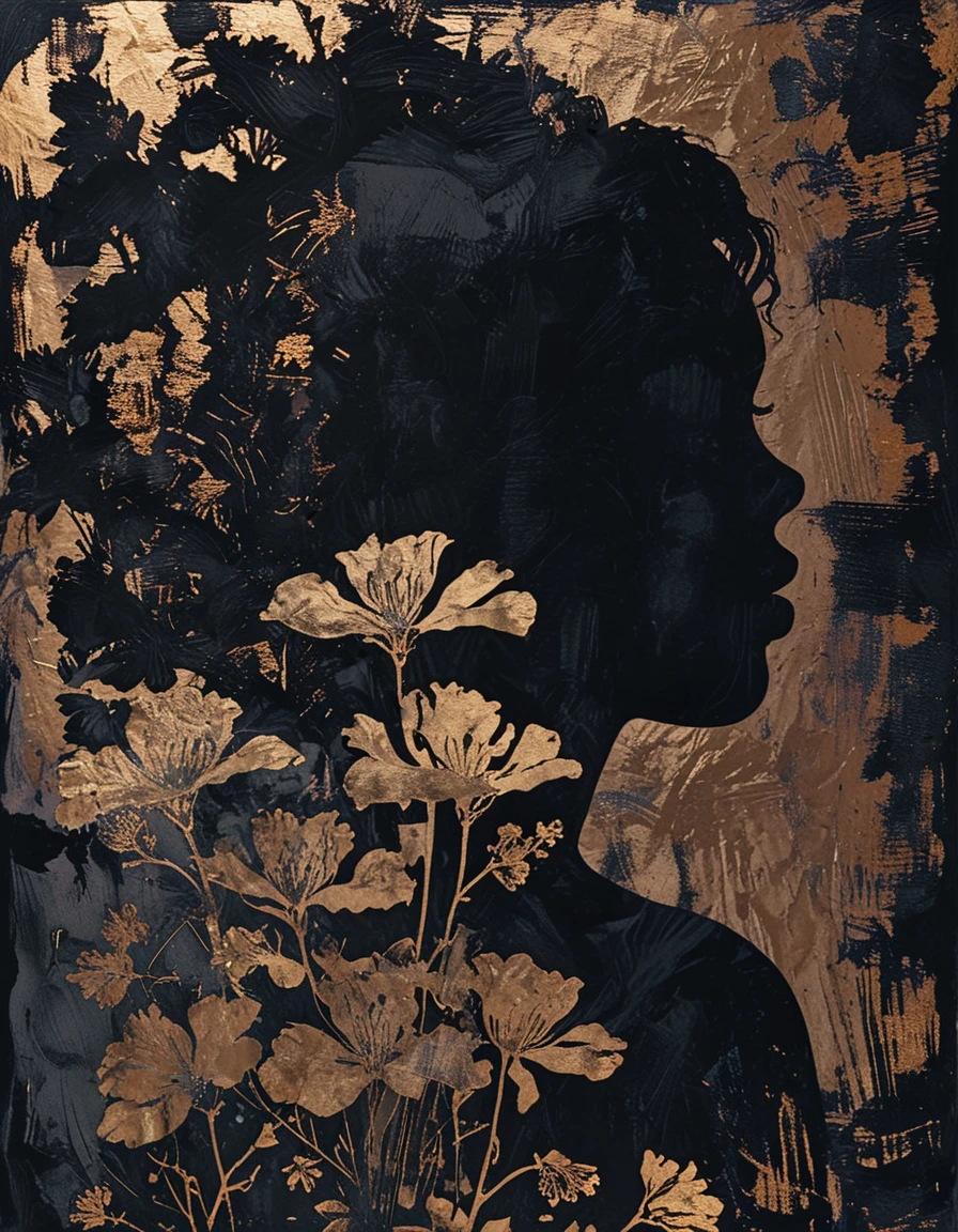 black woman with flowers illustration with gold foil  <lora:novuschroma27 style:1.4> novuschroma27