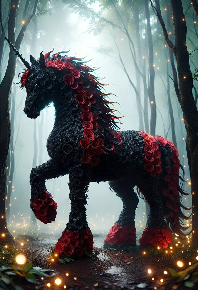 (medium full shot of a unicorn BL4CKR3DR0S3S), located in a forest, ,Masterpiece,best quality, photo, realistic, very aesthetic