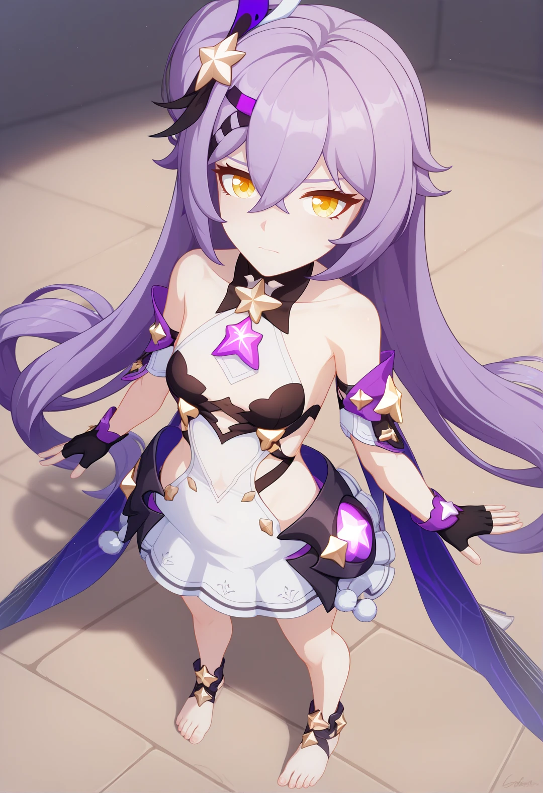 rating_all, Honkai3StyleV4XL, 1girl, solo, yellow eyes, long hair, gloves, breasts, purple hair, very long hair, hair between eyes, fingerless gloves, bare shoulders, small breasts, dress, looking at viewer, closed mouth, standing, white dress, star (symbol), hair ornament, purple gloves, from above, open hand, toes, <lora:Honkai3StyleV4XL-EP6:1>