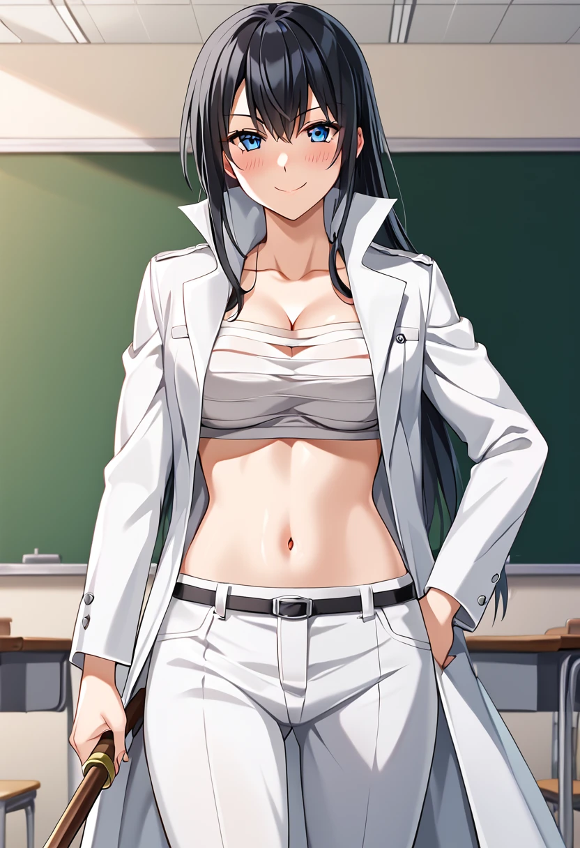 aoi_kunieda, black hair, long hair, blue eyes, chest sarashi , midriff, white coat, white pants, , BREAK indoors, classroom BREAK cowboy shot, looking at viewer, standing, blush, front side,flirtyface, seductive smile, wodden sword, holding a wodden sword, wodden sword over shoulder, BREAK score_9, score_8_up, score_7_up, source_anime , <lora:Aoi_Kunieda:0.8>, official art