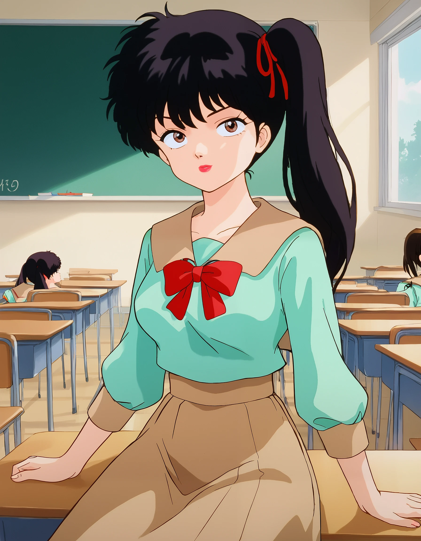 score_9, score_8_up, score_7_up, masterpiece, absurdres, source_anime, (perfect anatomy), good_hands,

1girl, solo, Kodachi, 1990s style, black hair, side ponytail, bangs, fluffy hair, brown eyes, lipstick, red ribbon, big breast,
school uniform, white shirt, brown sailor collar, brown skirt,

indoors, classroom, sitting on desk, cowboy shot,