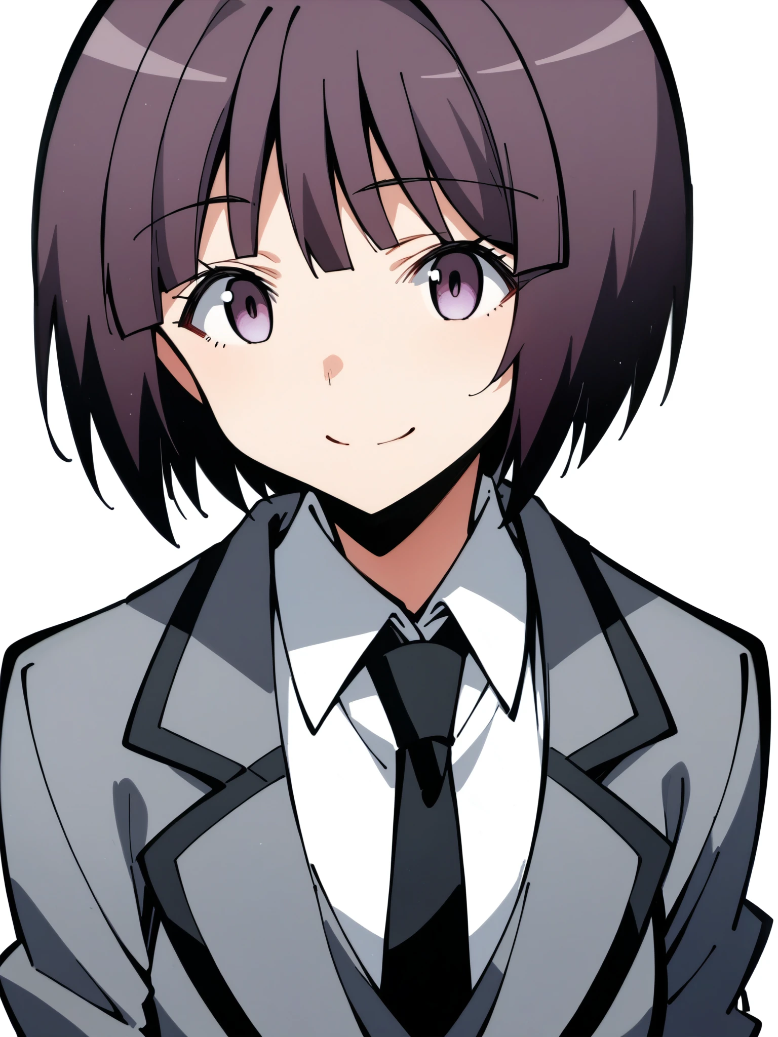 score_9,score_8_up,score_7_up,score_anime,2d,portrait,front view,1girl,<lora:Yuzuki-Fuwa_v2:0.8>,Yuzuki Fuwa,purple eyes,purple hair,bob cut,solo,
smile,
gray jacket,black necktie,collared shirt,white shirt,necktie,gray pleated_skirt,black_thighhighs,white_background,