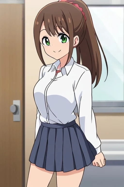 Highest quality,1 Girl,Big Breasts,orgasm,blush, shut up., Sweat,Marina Akizuki, Long Hair, blue eyes, Brown Hair, long hair,skirt, Knee socks, Striped, 黒のKnee socks, blue skirt, Expose your shoulders, shirt, ,((Lift skirt,Cute pussy:1.3)),garden
