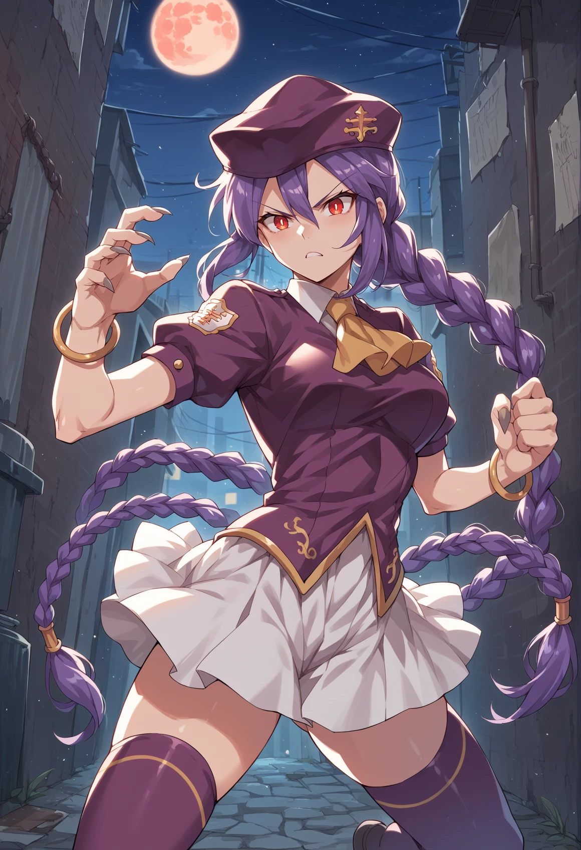 1girl, long hair, purple hair, braid, purple beret,  military uniform, short sleeves, puffy sleeves, ascot, white skirt, thighhighs, bracelet, outdoors, alley, claws, fighting stance, red eyes, glowing eyes, night, red moon <lora:Sion_XL-000009:1>, score_9, score_8_up, score_7_up, score_6_up, score_5_up, score_4_up, BREAK source_anime, masterpiece