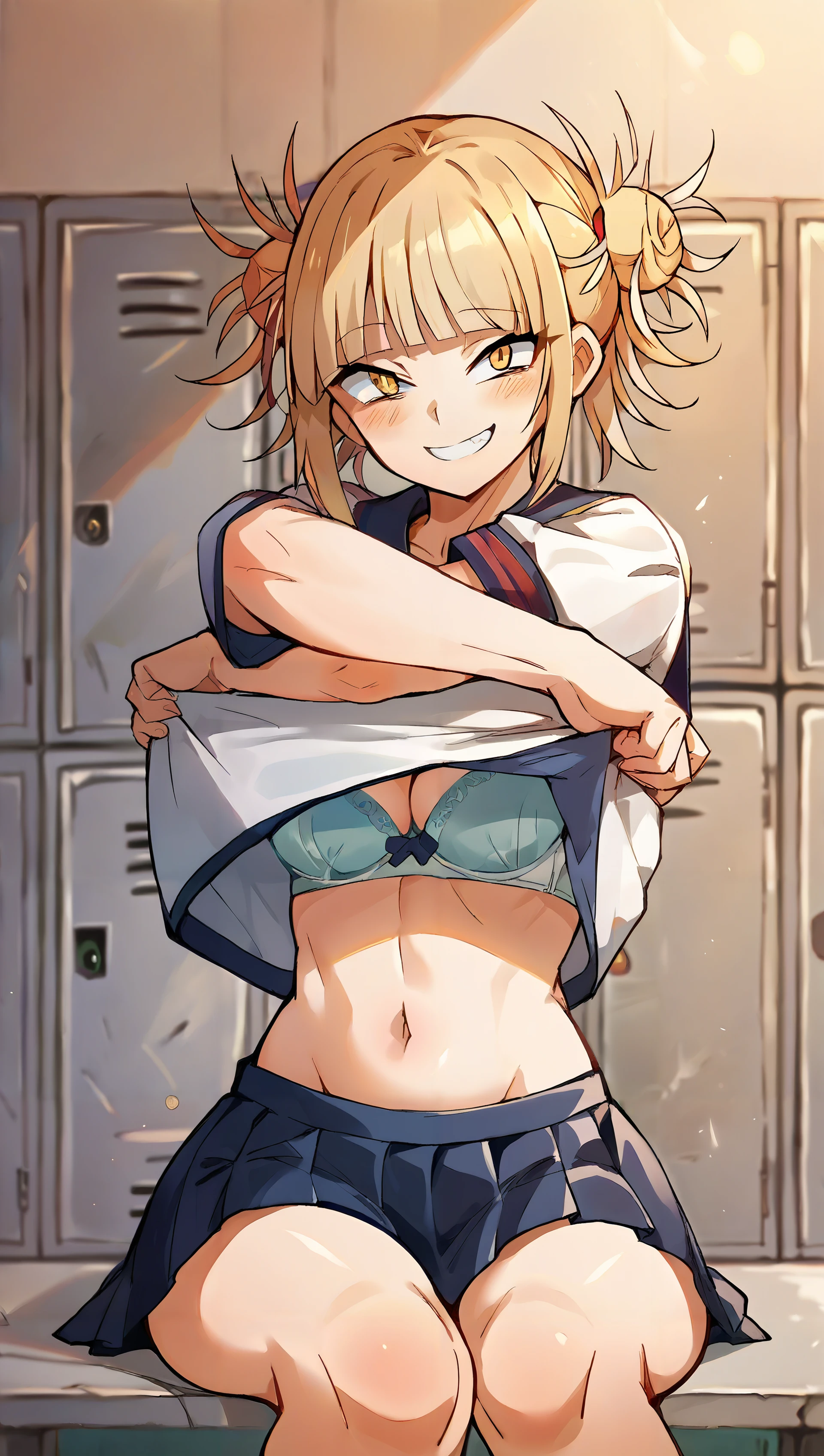score_9, score_8_up, score_7_up, score_6_up, score_5_up, score_4_up, source_anime, BREAK <lora:TogaPony:0.8> togak1ck1x, school outfit, sitting, seductive smile, locker, locker room <lora:Undressing_shirt_PONY:0.8> taking_off_top, phase2, undressing, crossed arms, bra