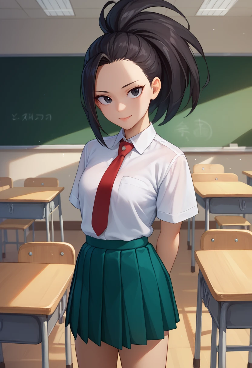 score_9, score_8_up, score_7_up, solo, 1girl, ya0yorozuschool, smile, looking at viewer, standing, arms behind back, high ponytail, black eyes, u.a. school uniform, white shirt, collared shirt, red necktie, short sleeves, green skirt, pleated skirt, indoors, classroom <lora:mha_yaoyorozu_ponyXL:1>