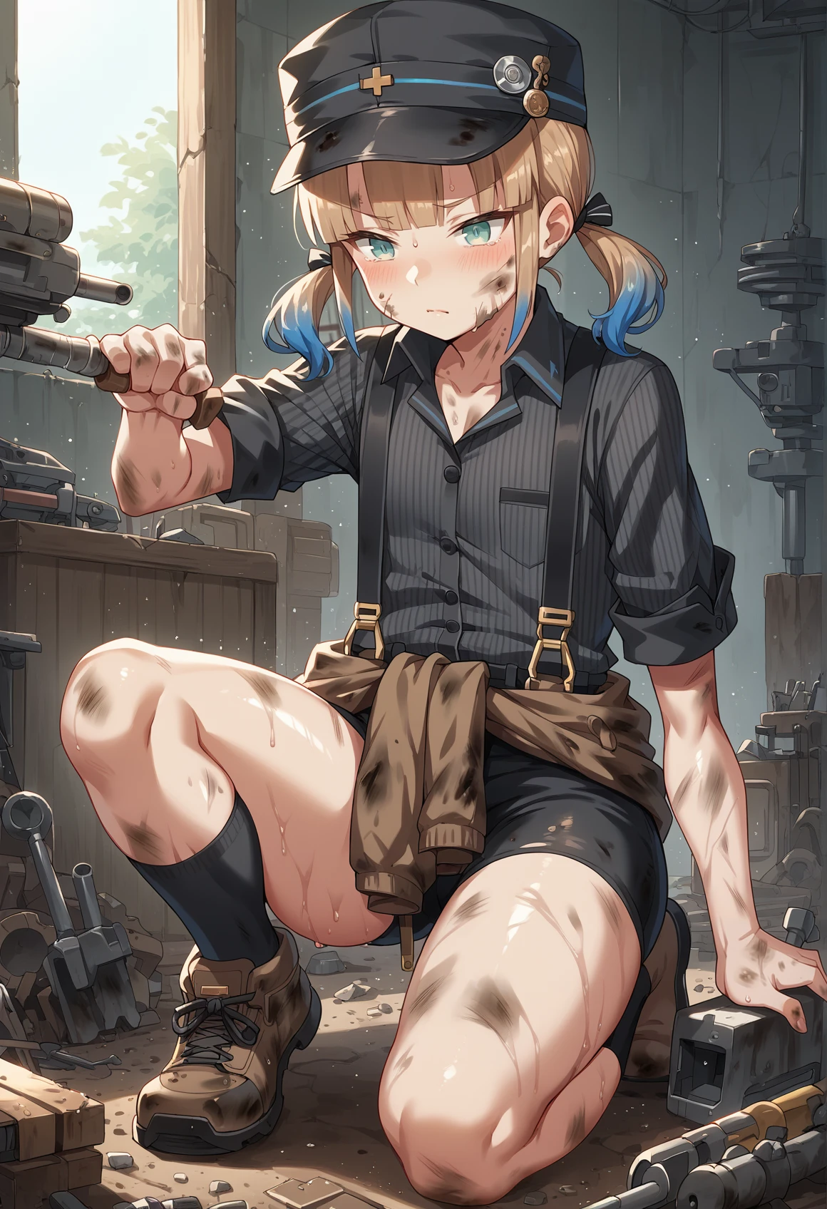 multicolored hair, gradient hair, blonde hair, blue hair, blue eyes, androgynous, 1girl, flat chest, medium hair, twintails, black cap, grey shirt, suspenders, Vertical-Striped Shirt, Jacket Around Waist, indoors, machinery, mechanic, dirty, sweat, kneeling, on one knee <lora:Nemo_XL:1>, score_9, score_8_up, score_7_up, score_6_up, score_5_up, score_4_up, BREAK source_anime, masterpiece