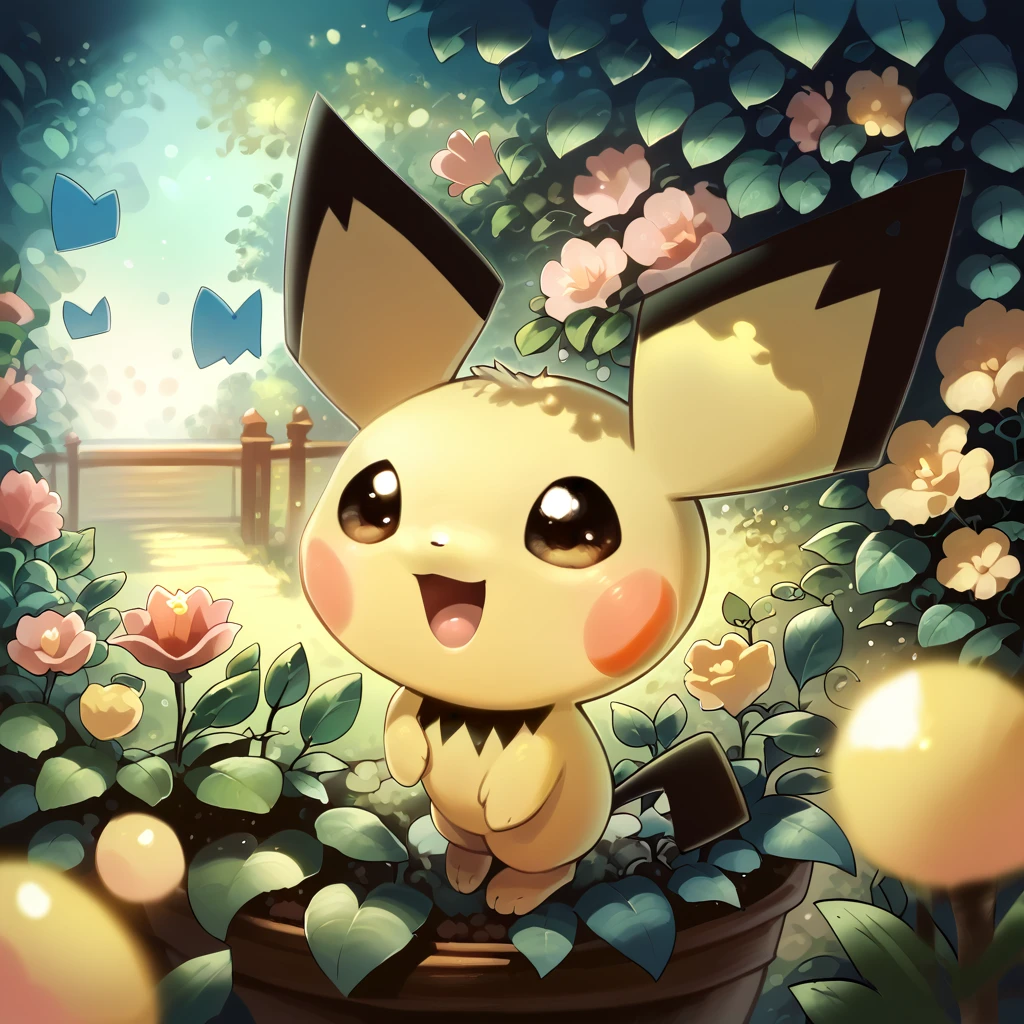 score_9, score_8_up, score_7_up, score_6_up, score_5_up, beautiful, rating_safe, outstanding, detailed, dof, bokeh, solo, pichu, feral, pokemon, pichu standing, excited, in a beautiful garden, open mouth, ^ ^