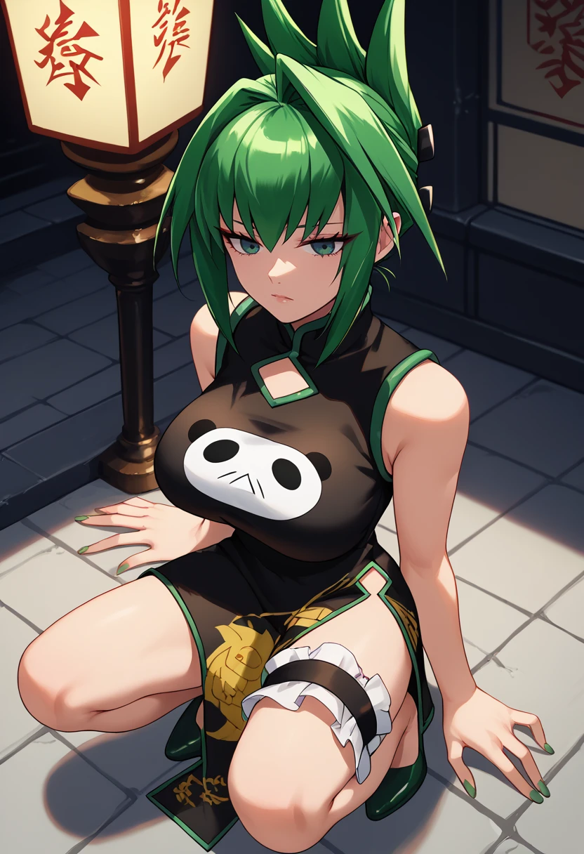 score_9,  score_7_up,  1girl, solo, Jun, green hair, green eyes, large breasts,  updo, spiky hair, black china dress,  squatting,  thigh strap,    <lora:Tao Jun-000009:1>