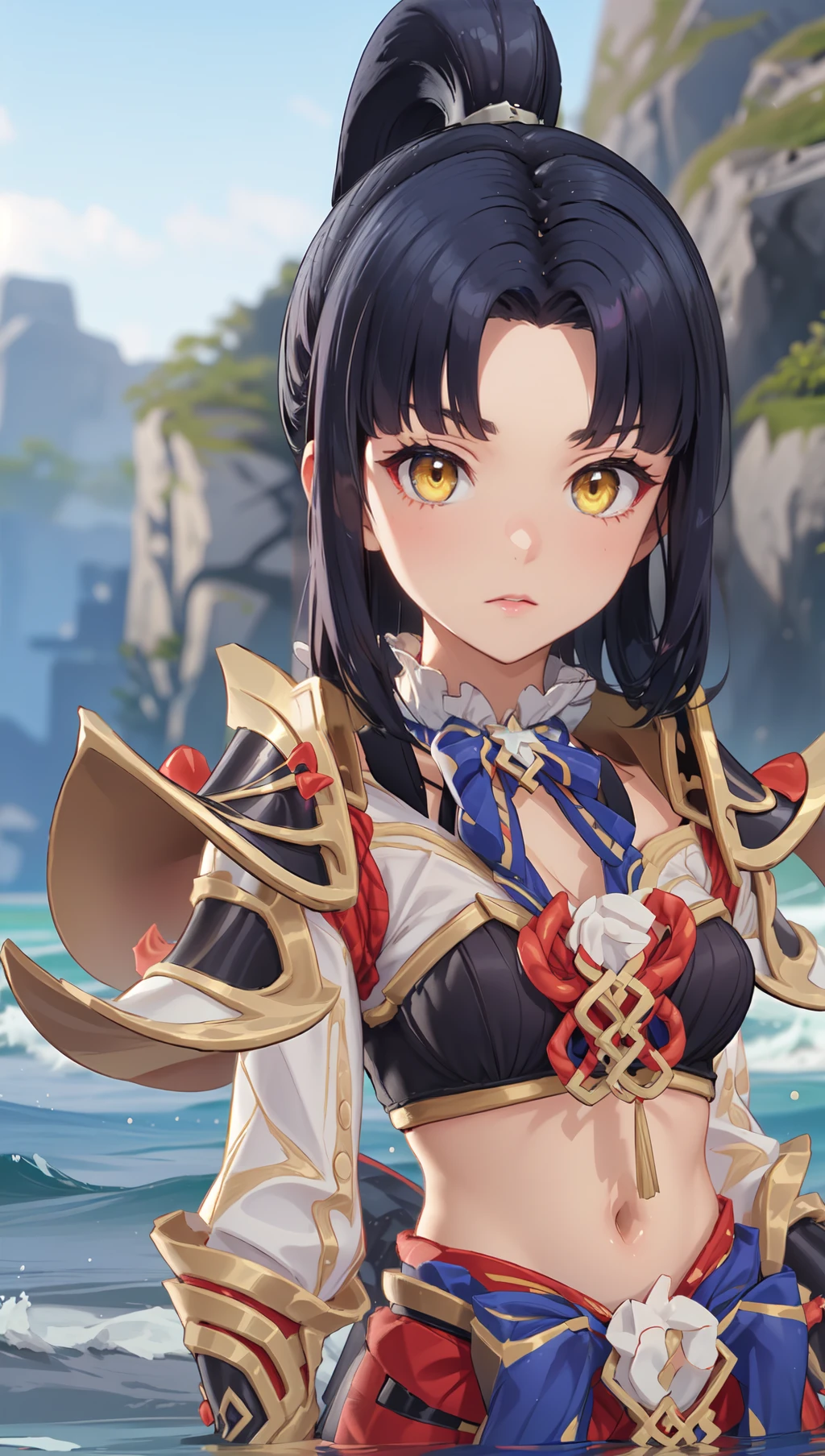 rom_amaterasu, 
(masterpiece, best quality, beautiful and aesthetic:1.3), upper body, 1girl, blue theme, light smile,  solo, standing, looking at viewer, blurry, depth of field, waves, ocean, scenery, water, reflection light, dreamy, shiny skin, beautiful face, beautiful eyes, extreme detailed, official art, professional illustration, hires, 
 <lora:rom_amaterasu-10:0.8>, <lora:add_detail:0.5>