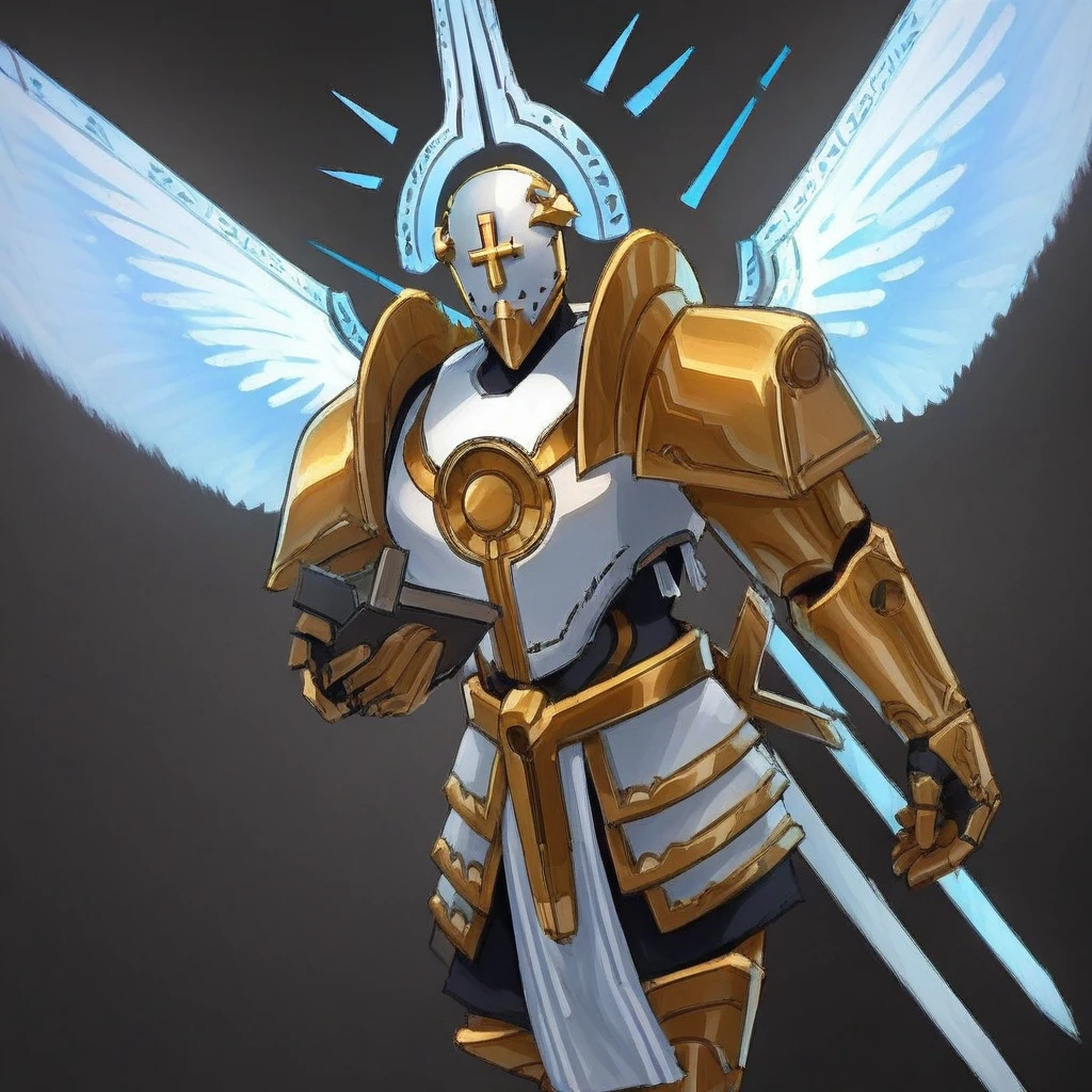 Gabriel, gold and white armor, cross, angelic, swords, angel, wings, helmet, robot