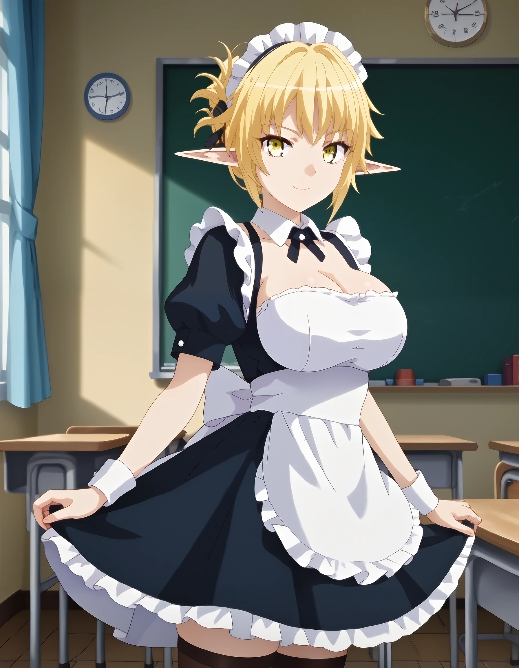 score_9, score_8_up, score_7_up, masterpiece, absurdres, source_anime, (perfect anatomy), good_hands,

1girl, solo, Aegis, blonde, short hair, hair bun, yellow eyes, elf ears, big breast,
maid dress, black dress, white apron, black thighhighs, strapless,

indoors, classroom, stand up,
smiling, sexy pose, looking at viewer, cowboy shot,