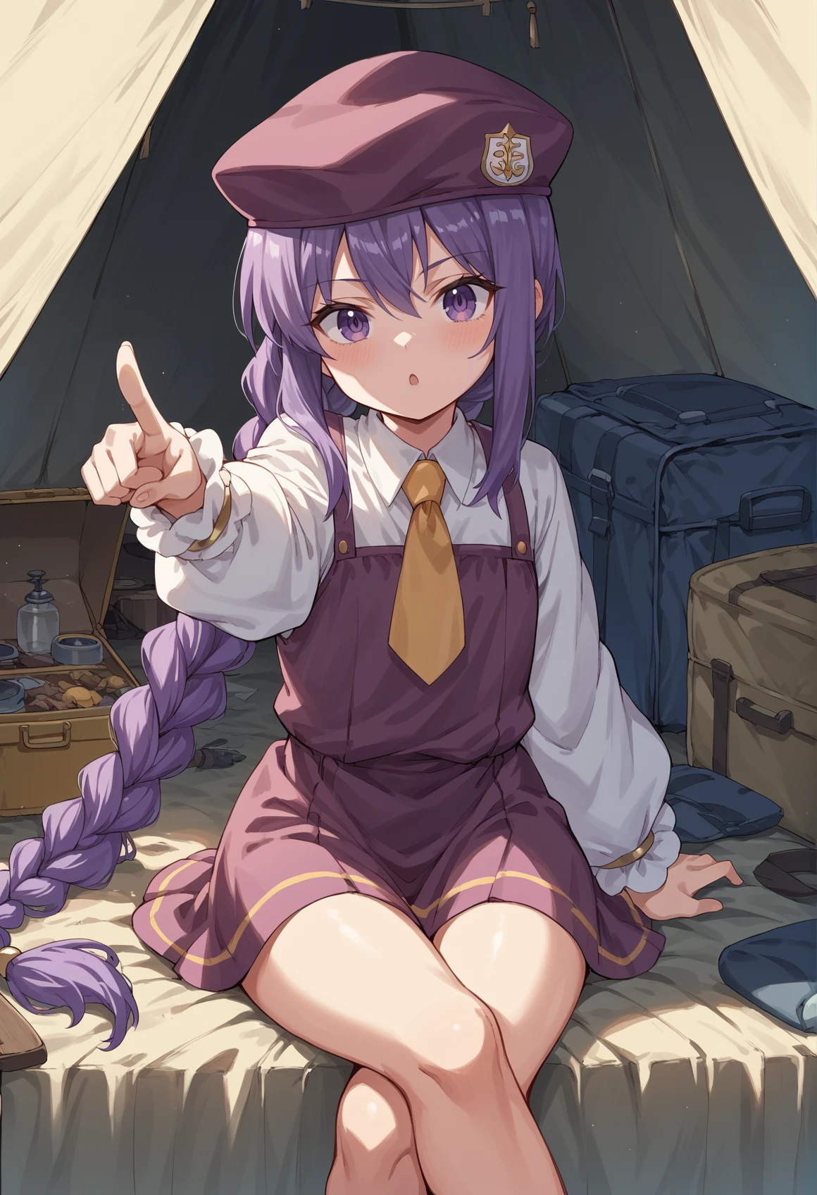 1girl, long hair, purple hair, braid, purple eyes, purple beret, age regression, short dress, long sleeves, yellow necktie, bracelet, indoors, tent, camping, sitting, crossed legs, pointing up, expresionless, chestnut mouth,  <lora:Sion_XL-000009:1>, score_9, score_8_up, score_7_up, score_6_up, score_5_up, score_4_up, BREAK source_anime, masterpiece