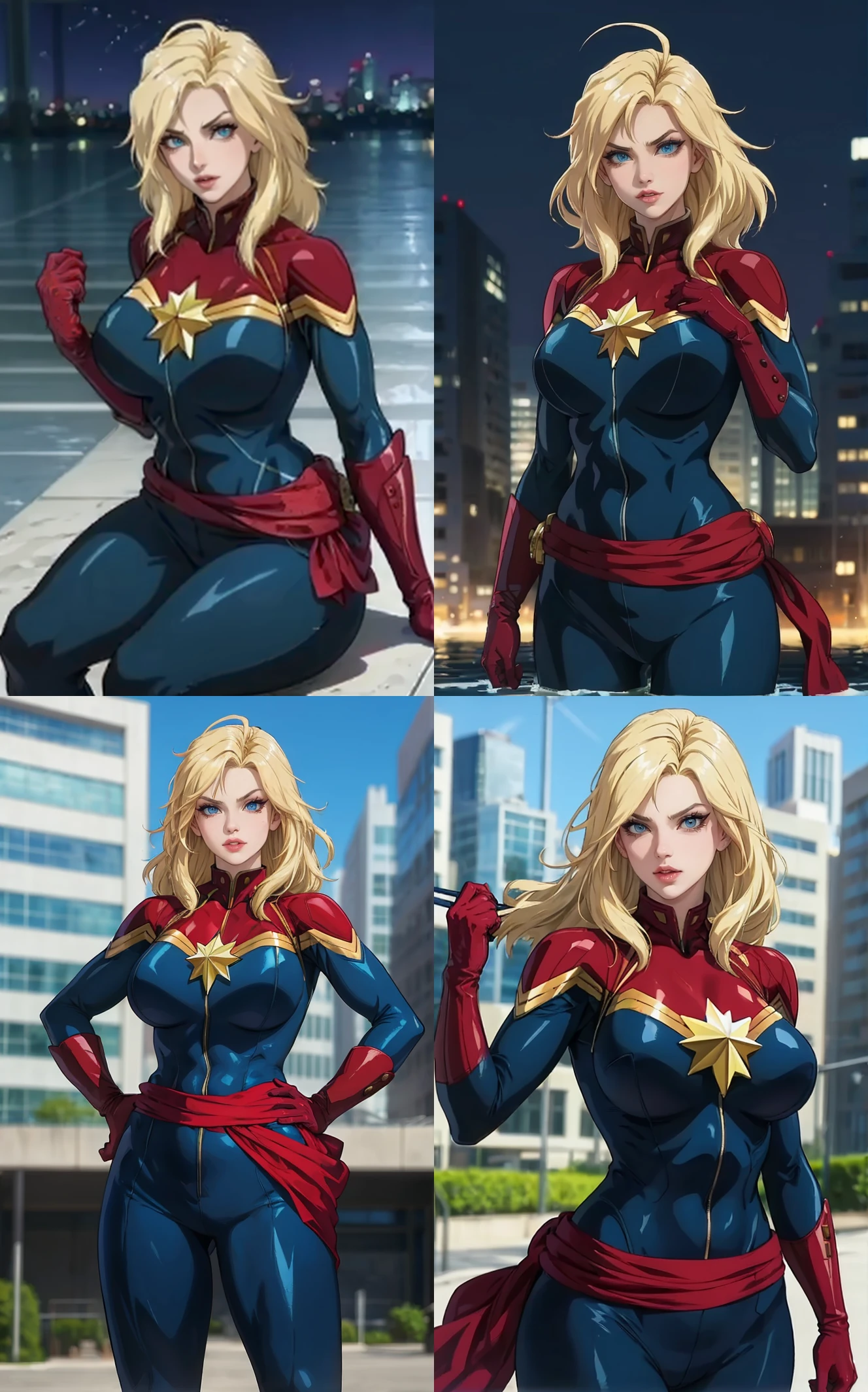 ((masterpiece, best quality)), outdoors,
ANIME_CaptainMarvel_ownwaifu,
1girl, blonde hair, long hair, blue eyes, eyelashes, large breasts, bangs, lips, collarbone, lipstick, makeup,
blue bodysuit, sash, bodysuit, turtleneck, superhero, gloves, star (symbol), red gloves, skin tight, belt, shiny, 
{(sitting on stairs)<lora:ANIME_CaptainMarvel_ownwaifu:1>|(wading, water)<lora:ANIME_CaptainMarvel_ownwaifu:0.9>|(contrapposto, hand on hip)<lora:ANIME_CaptainMarvel_ownwaifu:0.8>|(wariza)<lora:ANIME_CaptainMarvel_ownwaifu:0.7>},
 depth of field, bokeh, vanishing point, solo, looking at viewer, insaneres, absurdres,