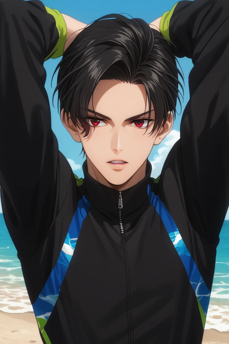 score_9, score_8_up, score_7_up, source_anime, rating_safe, water, lucobey, 1boy, male focus, anime screencap, red eyes, red fingernails, parted lips, black rashguard, beach, arms up, hands behind head, from above