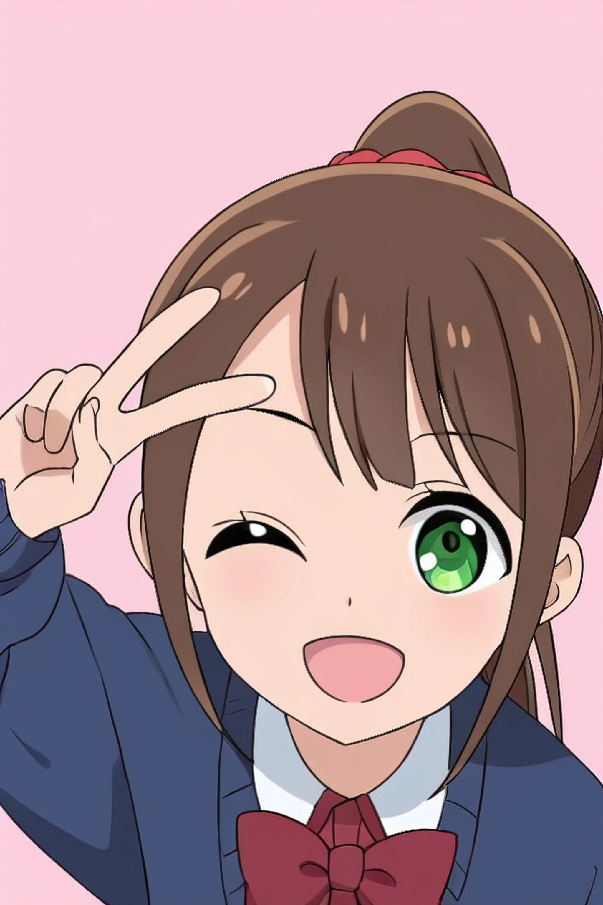 <lora:HonshouAru:0.7> HonshouAru, 1girl, solo, smile, looking at viewer, white collared shirt,  ponytail, blue sweater, posing for a picture, peace sign, one eye closed, open mouth, simple background, pink background, green eyes, 8k, highly detailed,upper body, red bowtie,