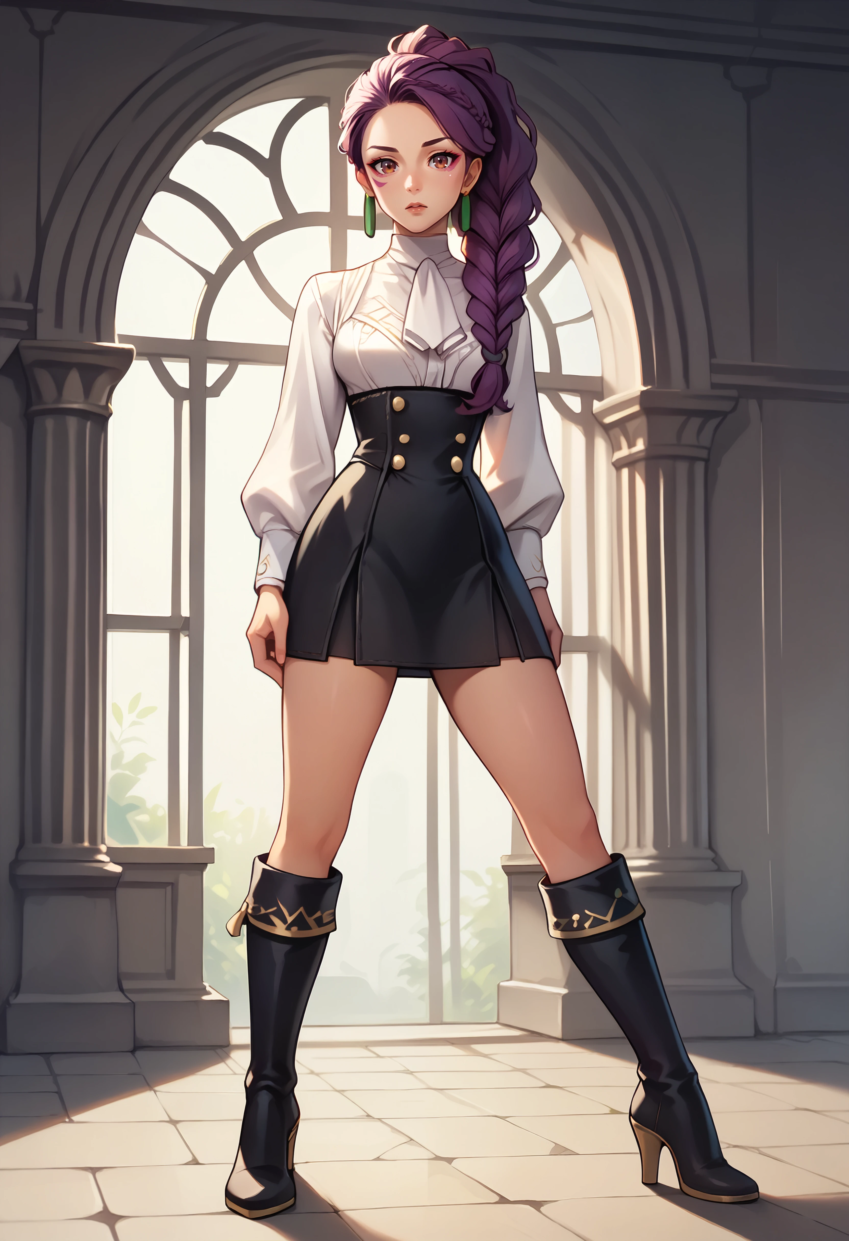 score_9, score_8_up, score_7_up BREAK  <lora:EPfePetra:0.8> EPfePtr, brown eyes, long hair, purple hair, single braid, braided ponytail,, OutfitGGM, white shirt, collared shirt, long sleeves, black skirt, white neckerchief, high-waist skirt, high heel boots, black footwear, earrings, facial mark