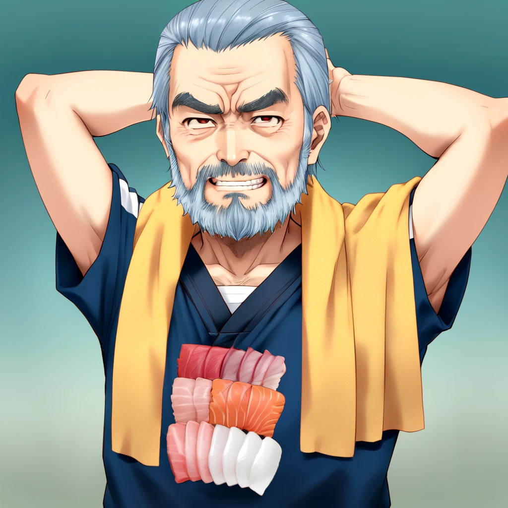 <lora:sashimi_SDXL:0.7>,
grey_hair, male_focus, thick_eyebrows, beard, mustache, manly, animification, old_man, sushi locket, sashimi dog_tag, evil grin blue_T_tracksuit, mature beard thin old man, isaku, shuusaku, kisaku, arms behind head, yellow neckerchief towel on neck