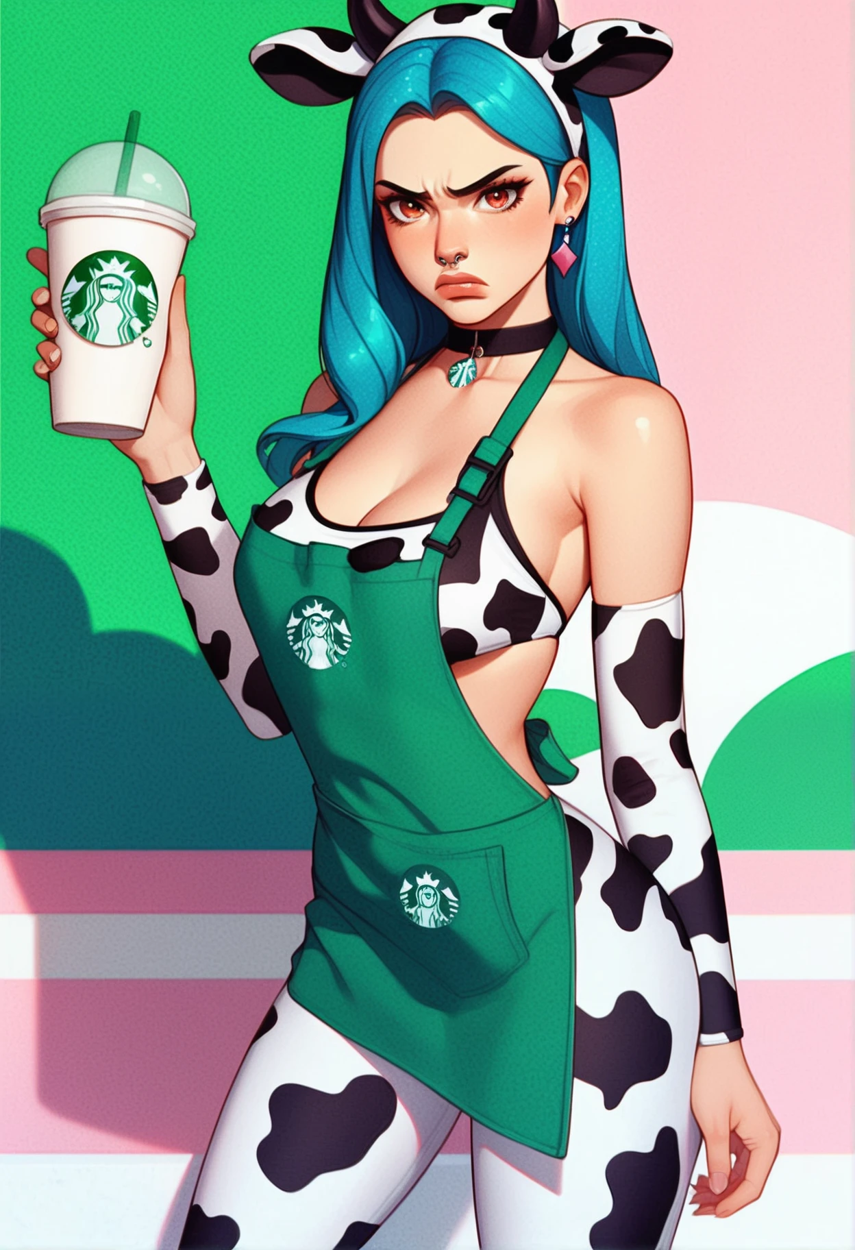 score_9_up,score_8_up, score_7_up,score_6_up, source)anime.
1girl,  sbgirl.  nose ring.piercing, upset.     looking at viewer, perfect eyes. long hair. holding. cup, coffee shop,  seductive look. short. cow print, cow ears, fake animal ears, cow horns, horns, apron, swimsuit, overalls, starbucks logo, green apron. detailed background.