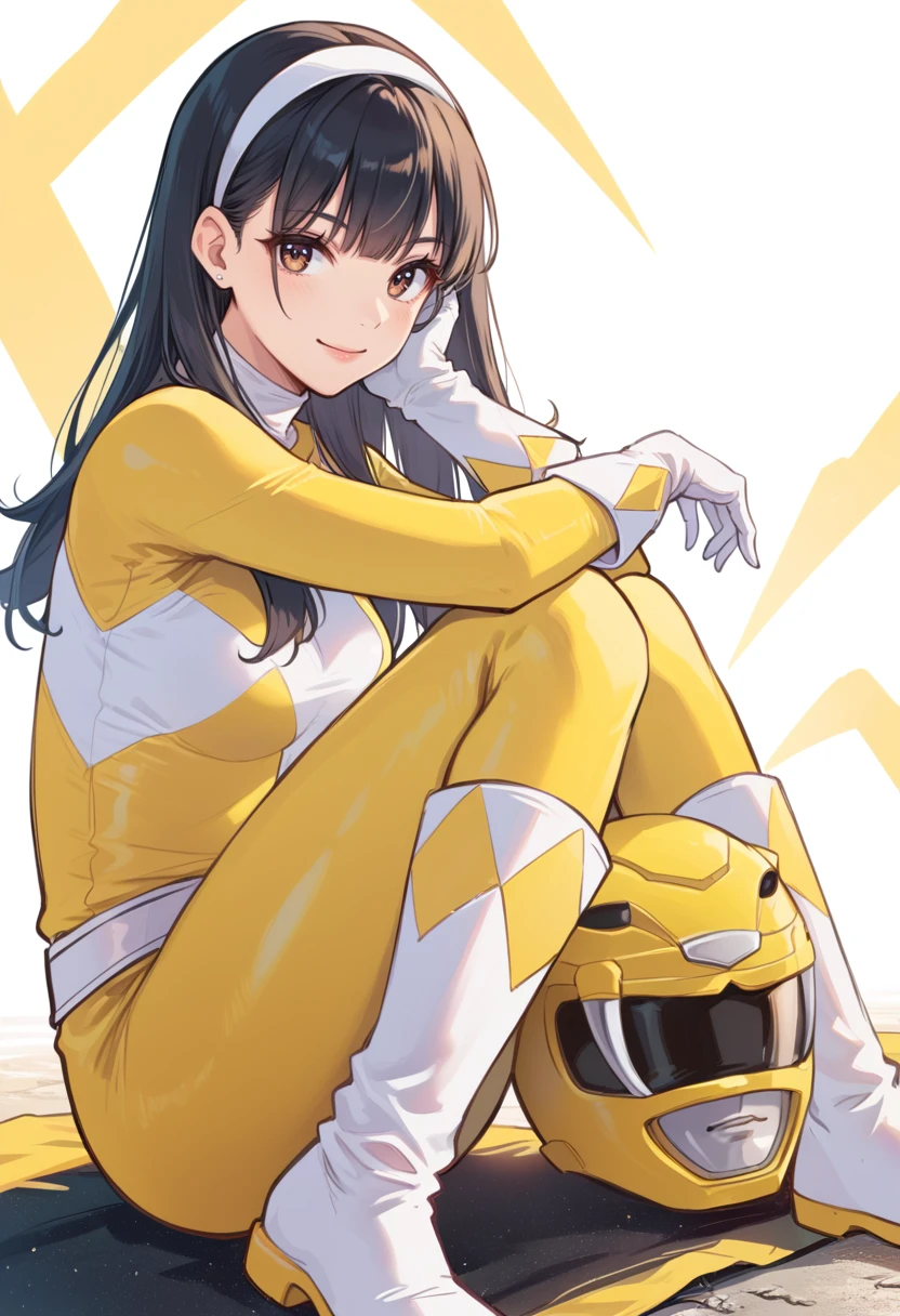 (score_9:0.9),score_8_up,score_7_up,rating_safe,anime style,(zPDXL),<lora:Yellow power rangerponyXL v1:0.76>,yellow bodysuit,yellow power ranger,1girl,solo,long hair,black hair,brown eyes,sitting,smile,white hairband,looking at viewer,white boots,white gloves,medium breasts,trini kwan,sitting,from side, yellow motorcycle helmet, helmet_removed, helmet on floor