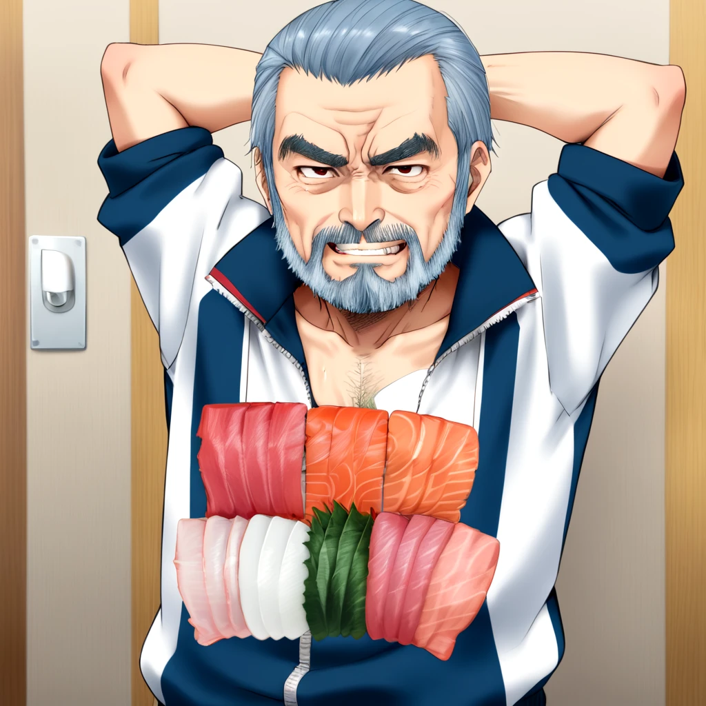 <lora:sashimi_SDXL:0.7>,
grey_hair, male_focus, thick_eyebrows, beard, mustache, manly, animification, old_man, sushi locket, sashimi dog_tag, evil grin blue_T_tracksuit, mature beard thin old man, isaku, shuusaku, kisaku, arms behind head