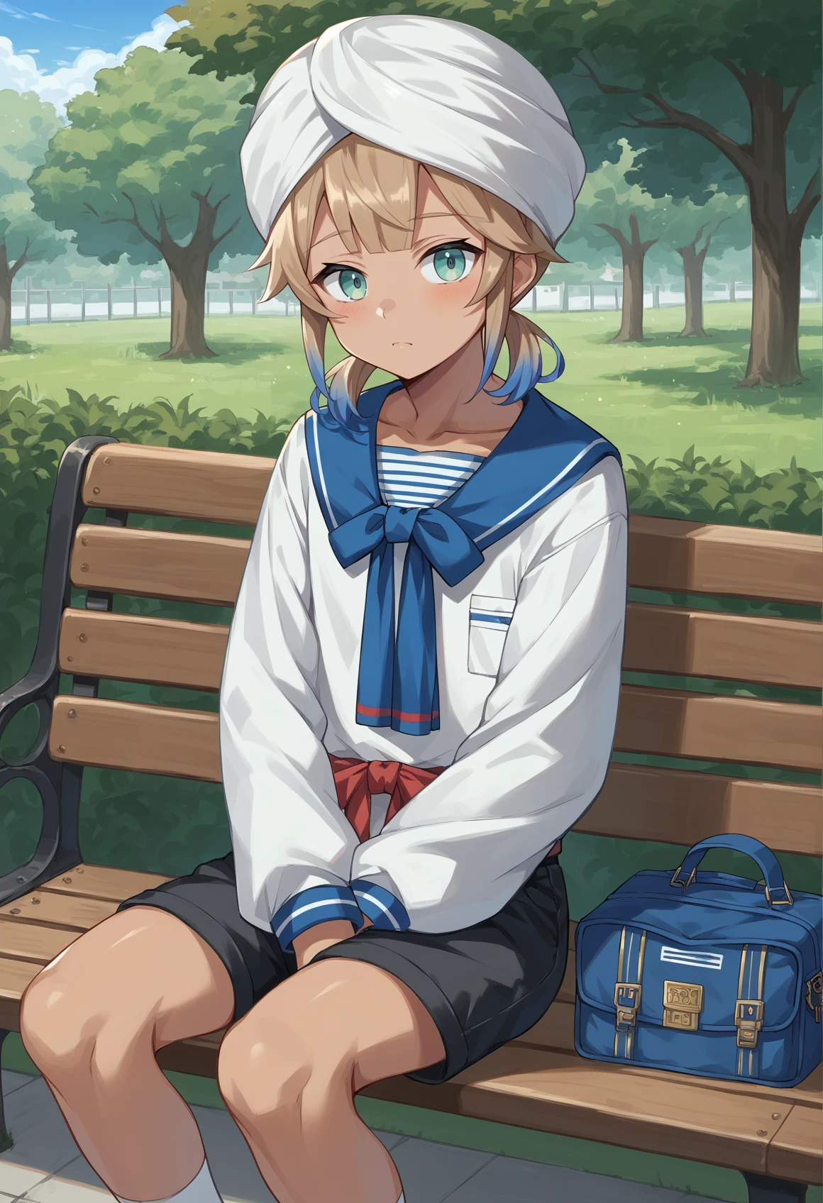 multicolored hair, gradient hair, blonde hair, blue hair, blue eyes, androgynous, 1boy, short hair, low twintails, turban, serafuku, shorts, 1boy, solo, v, sitting, outdoors, bench, park <lora:Nemo_XL:1>, score_9, score_8_up, score_7_up, score_6_up, score_5_up, score_4_up, BREAK source_anime, masterpiece