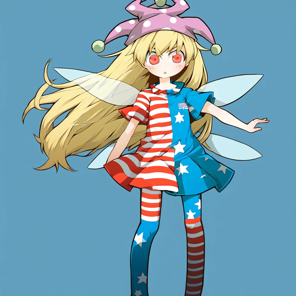 <lora:Zannnenn1:1>,    <lora:Clownpiece_Touhou_PDXL:0.8> zzClwnpc, red eyes, blonde hair, long hair,, zzClwnpc, red eyes, blonde hair, long hair, striped, jester cap, polka dot, american flag legwear, american flag dress, star print, pantyhose, fairy wings,