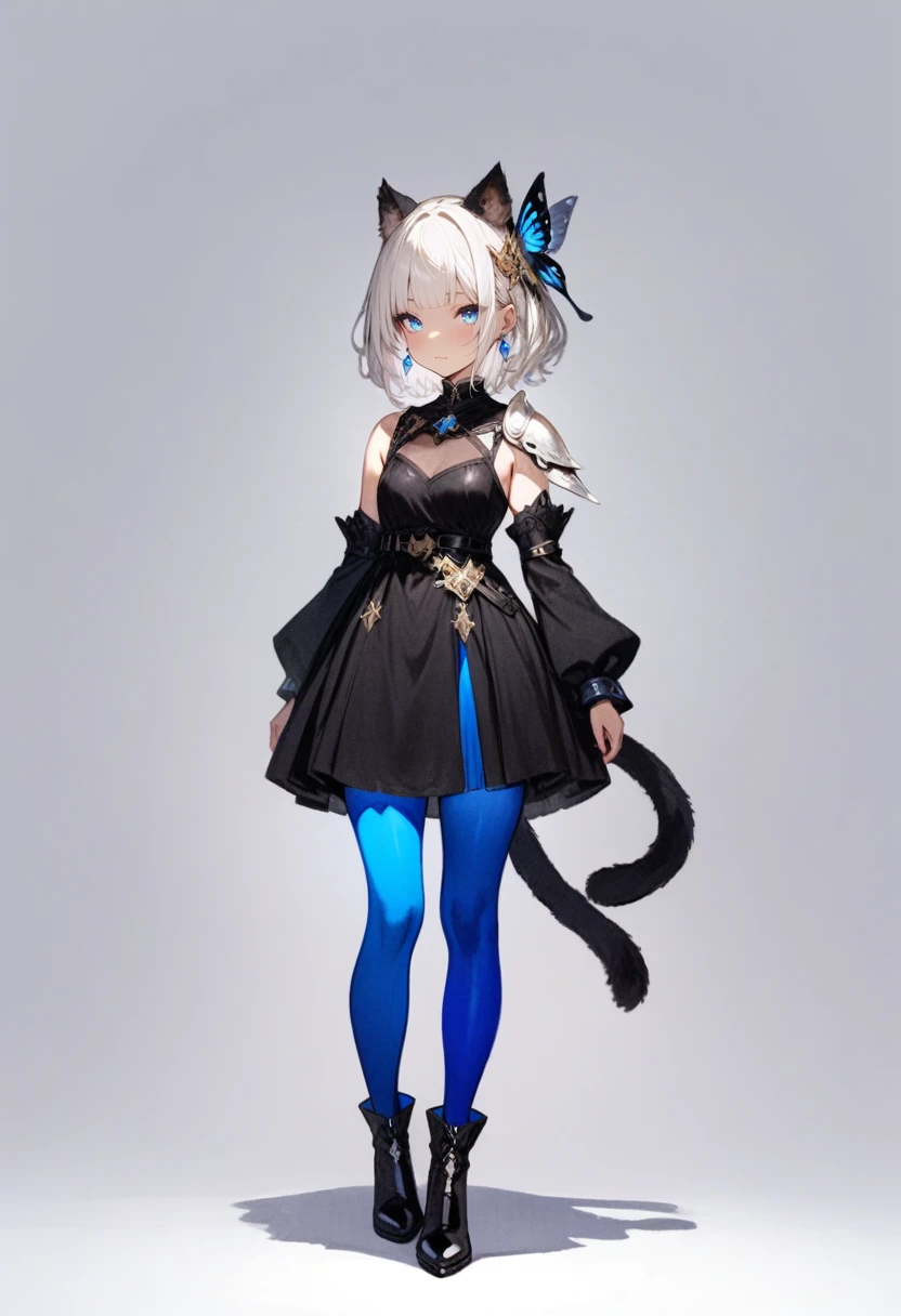 masterpiece, best quality, <lora:RECXL_ANI31_lokr_V43P1NF:0.95>  1girl, solo, animal ears, tail, dress, full body, blue eyes, white background, black dress, pantyhose, simple background, butterfly hair ornament, cat ears, short hair, black footwear, white hair, detached sleeves, standing, looking at viewer, hair ornament, cat tail, jewelry, boots, earrings, breasts, long sleeves, shoulder armor, blue pantyhose, belt, blunt bangs, small breasts, armor, closed mouth, virtual youtuber, short dress, braid, arms at sides, single pauldron, sleeveless
