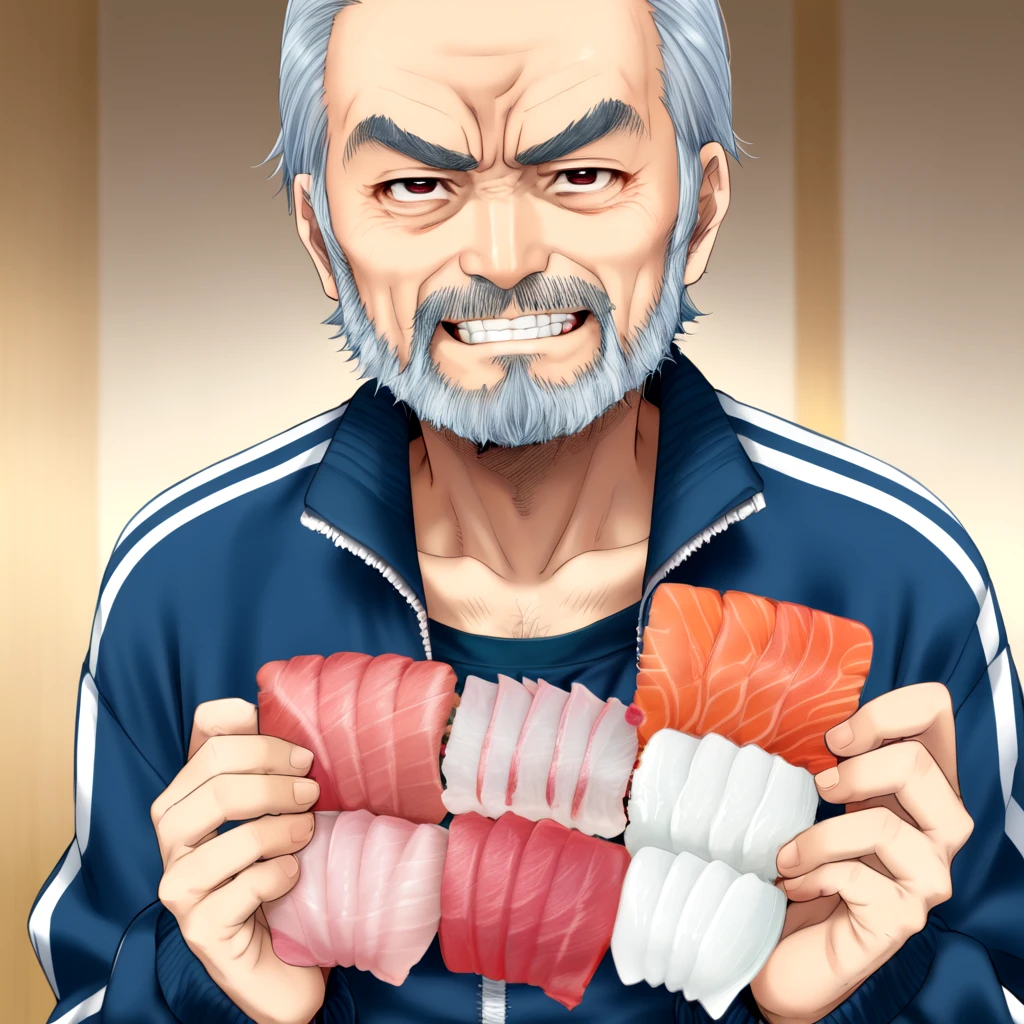 <lora:sashimi_SDXL:0.7>,
grey_hair, male_focus, thick_eyebrows, beard, mustache, manly, animification, old_man, sushi locket, sashimi dog_tag, evil grin blue_T_tracksuit, mature beard thin old man, isaku, shuusaku, kisaku