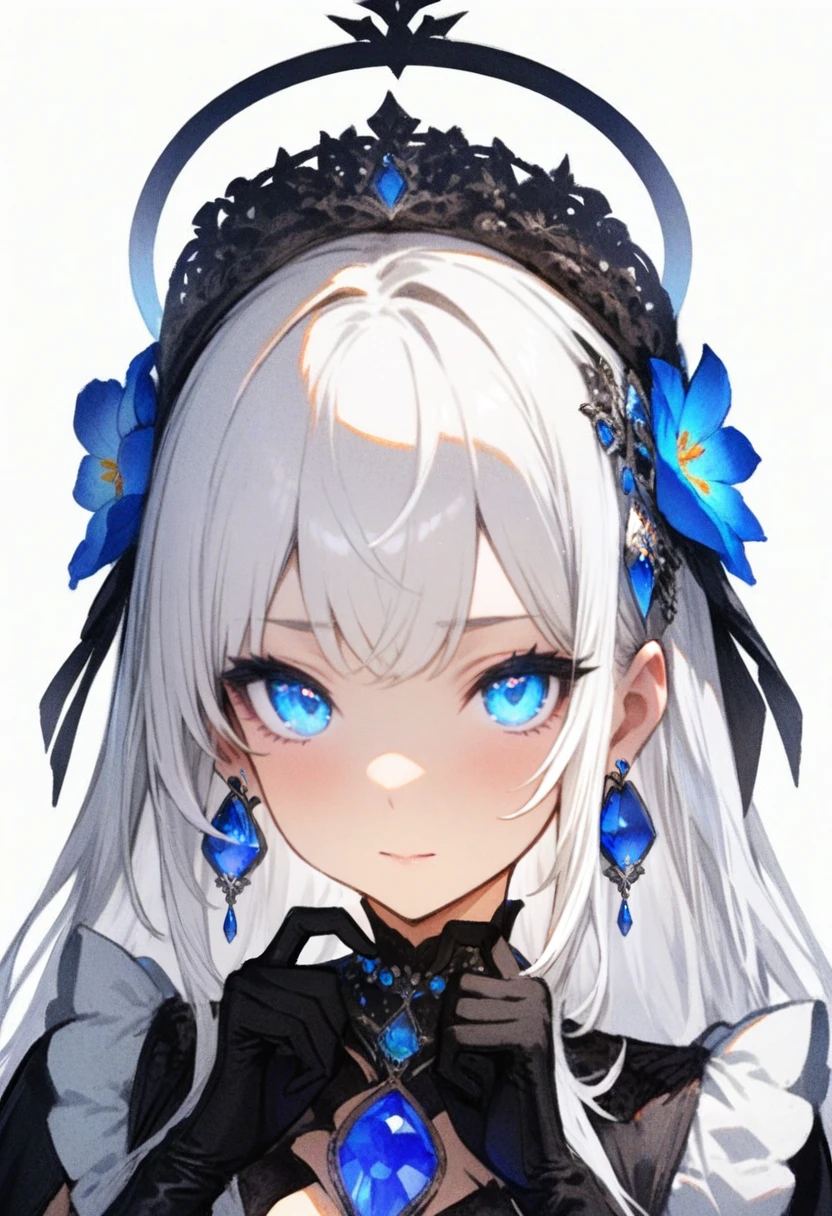 masterpiece, best quality, <lora:RECXL_ANI31_lokr_V43P1NF:0.95> 1girl, solo, blue eyes, jewelry, earrings, gloves, looking at viewer, white background, black gloves, white hair, hair ornament, simple background, closed mouth, long hair, flower, halo, blue flower, hair flower, portrait, heart hands, gem, heart, blue gemstone