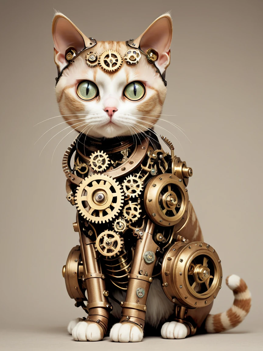 <lora:steampunkXL:0.7> steampunk, no humans, gears, simple background, cat,