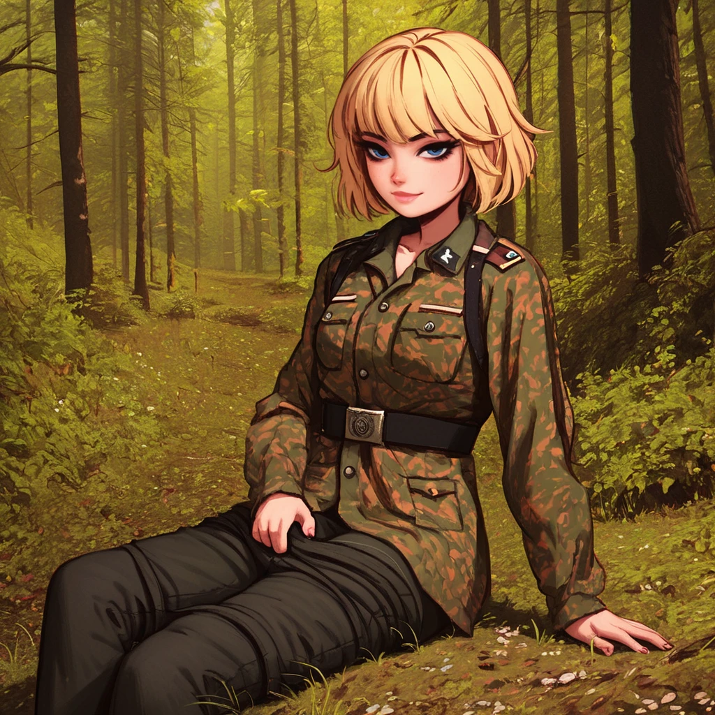 score_9, score_8_up, score_8_up, raw,
1girl, nsfw, looking at viewer, sitting down, small breasts, blonde hair, (smile, nose, lips),
military uniform, pants down, camouflage,
forest, detailed background,
n30nc4t, dijor, ss, <lora:n30nc4tXLP:0.45>, <lora:Erbsenmuster_-_SS_Camo:0.8>, <lora:dijor-v2:0.7>, <lora:age_slider_v4:-4>