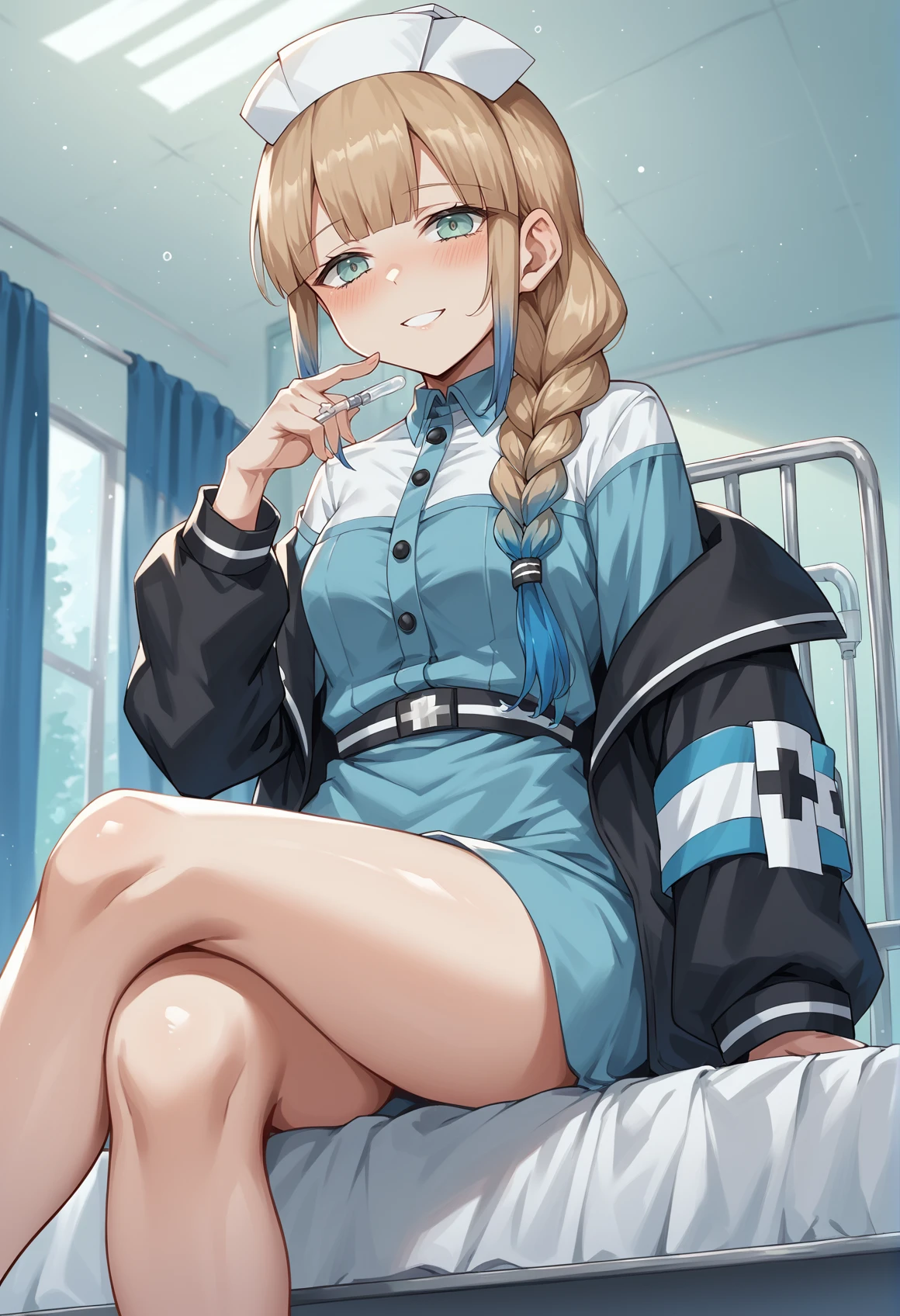 multicolored hair, gradient hair, blonde hair, blue hair, blue eyes, androgynous, 1girl, long hair, braid, sidelocks, nurse cap, blue dress, jacket, off shoulder, sitting, infarmary, hospital bed, hospital, indoors, crossed legs, seductiv smile, blush <lora:Nemo_XL:1>, score_9, score_8_up, score_7_up, score_6_up, score_5_up, score_4_up, BREAK source_anime, masterpiece