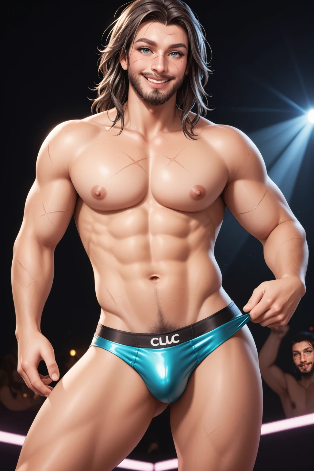 score_9, score_8_up, score_7_up, masterpiece, high quality, BREAK
 <lora:Karl HeisenbergPonyLoRA:0.8>krlheinbrg, long hair, beard, scar, speedos, in a ,  pose, dancing, smile