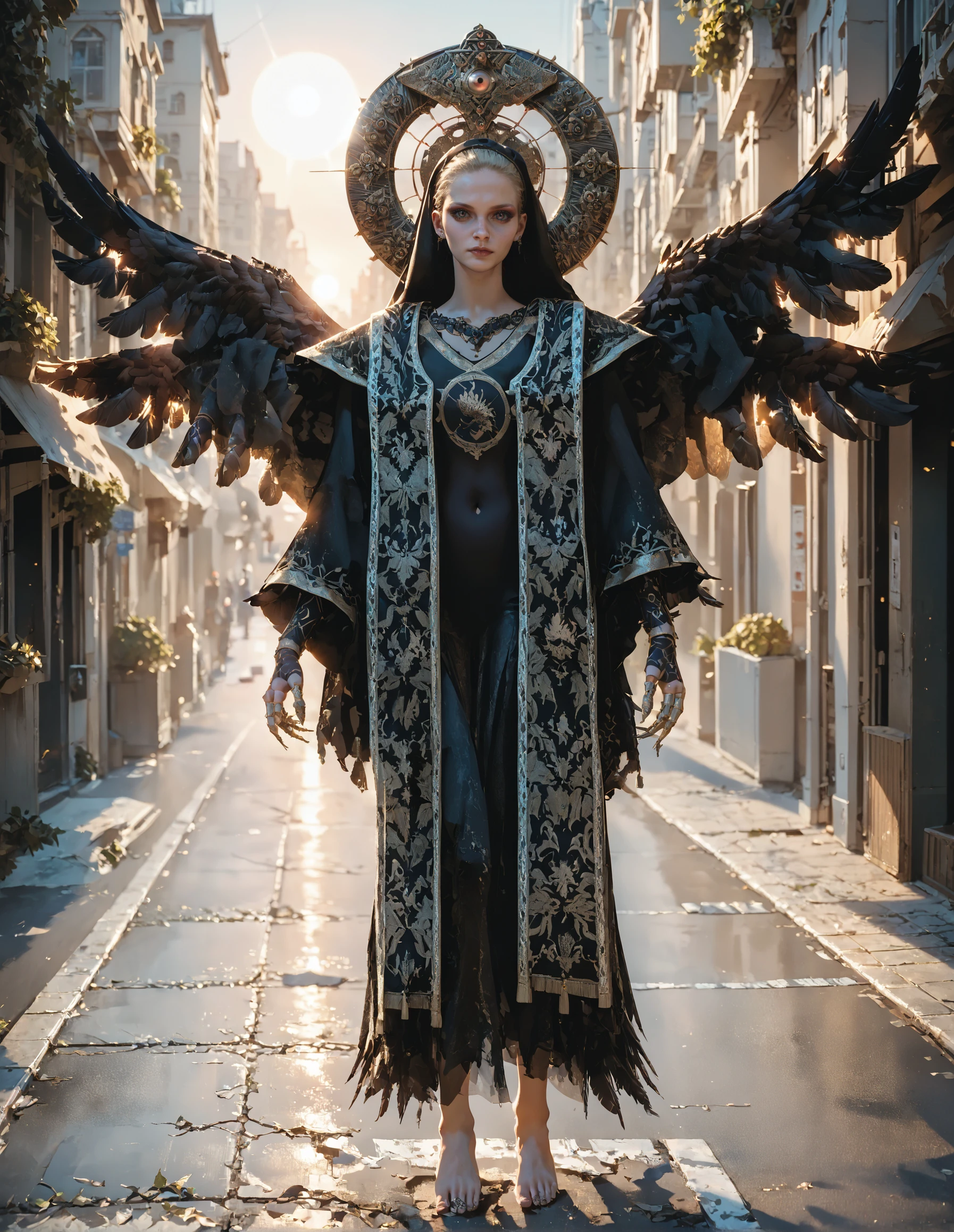 score_9, score_8_up, score_7_up,score_6_up,high resolution,mrnd,1girl,street,blonde hair,long hair,veil,black robe,mechanical halo,feathered wings,volumetric lighting,rim lighting,sunny,sun,day,dof,solo,full body,from side,looking at viewer,barefoot,standing,navel