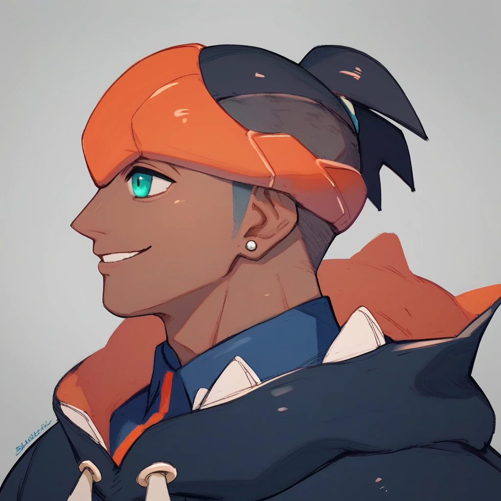 score_9, score_8_up, score_7_up, score_6_up, score_5_up, score_4_up, 1boy, raihanss, solo, portrait, smile, dark-skinned male, dark skin, black hair, short hair, undercut, aqua eyes, orange headwear, orange headband, headband, earrings, jewelry, black hoodie, hoodie, hood down, collared shirt, shirt,