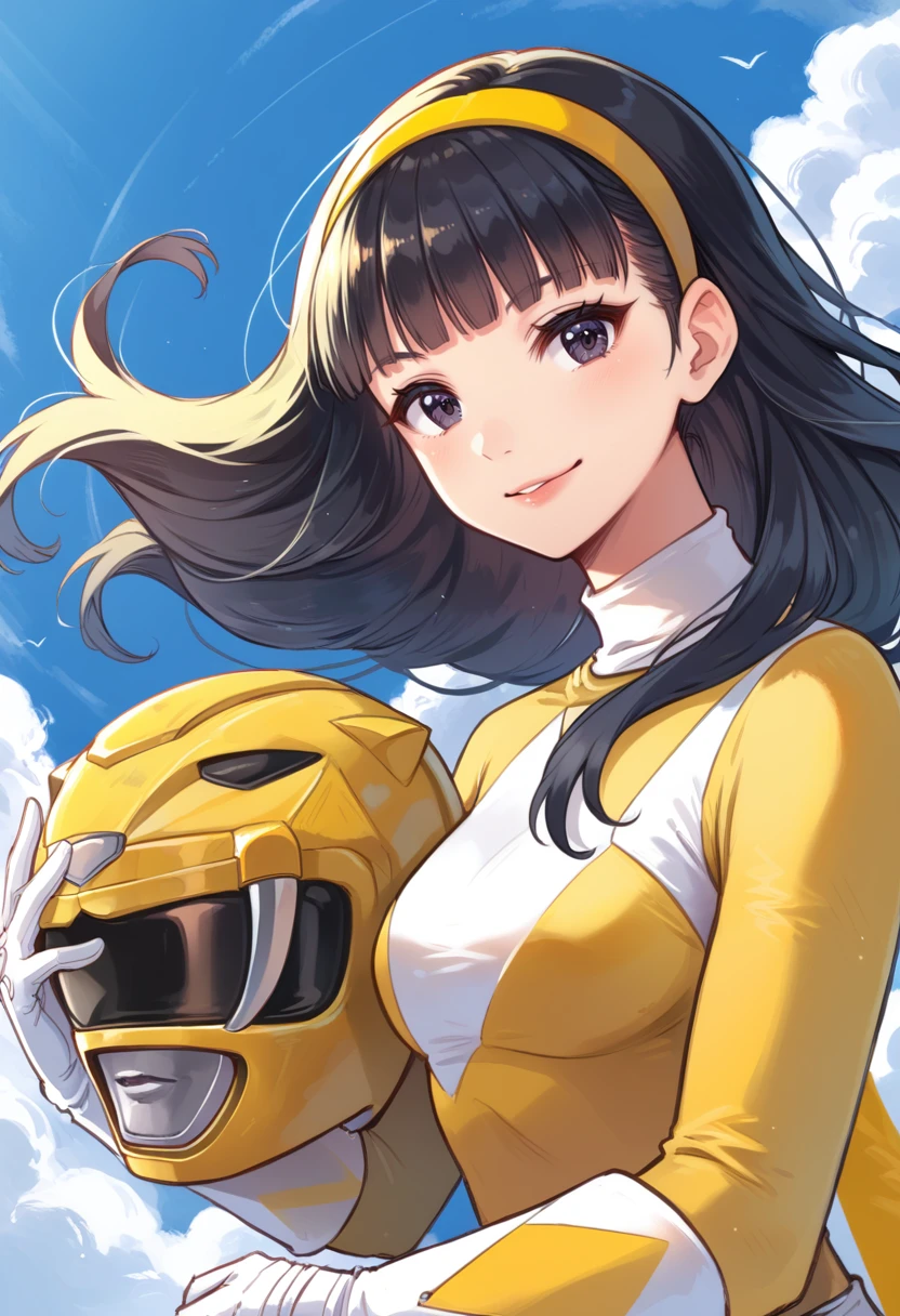 (score_9:0.9),score_8_up,score_7_up,rating_safe,anime style,(zPDXL),<lora:Yellow power rangerponyXL v1:0.8>,yellow bodysuit,yellow power ranger,yellow motorcycle helmet,1girl,solo,white gloves,looking at viewer,upper body,black eyes,holding helmet,helmet removed,blunt bangs,smile,long hair,black hair,trini kwan,yellow hairband,floating hair,