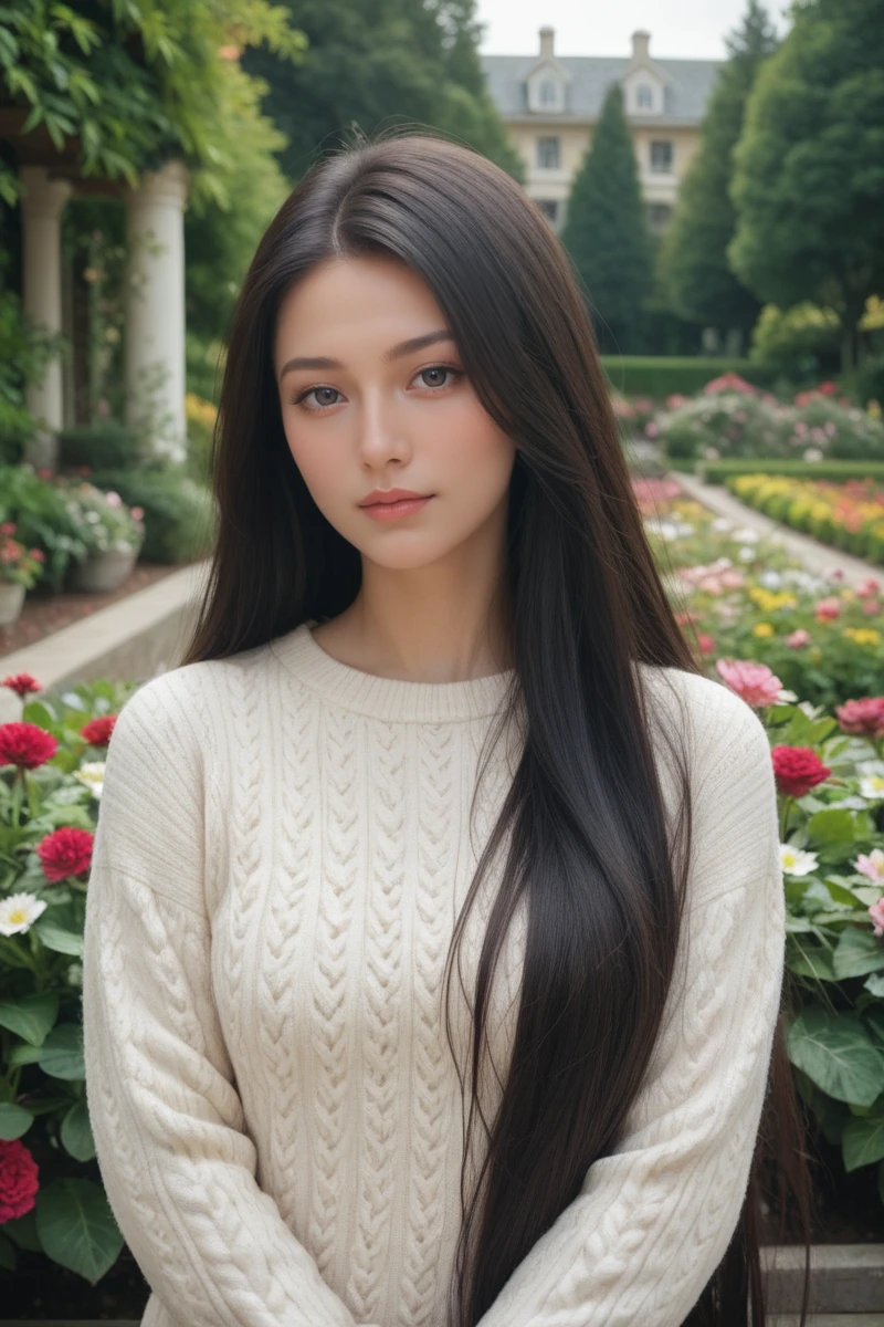 score_9,score_8_up,score_7_up,
masterpiece, 20 years old, 8k, hd, beautiful girl, black hair, very long hair, straight hair,
1girl, detailed face, beautiful woman's face, sweater, garden, full of flowers, looking at viewer, upper body, half body,