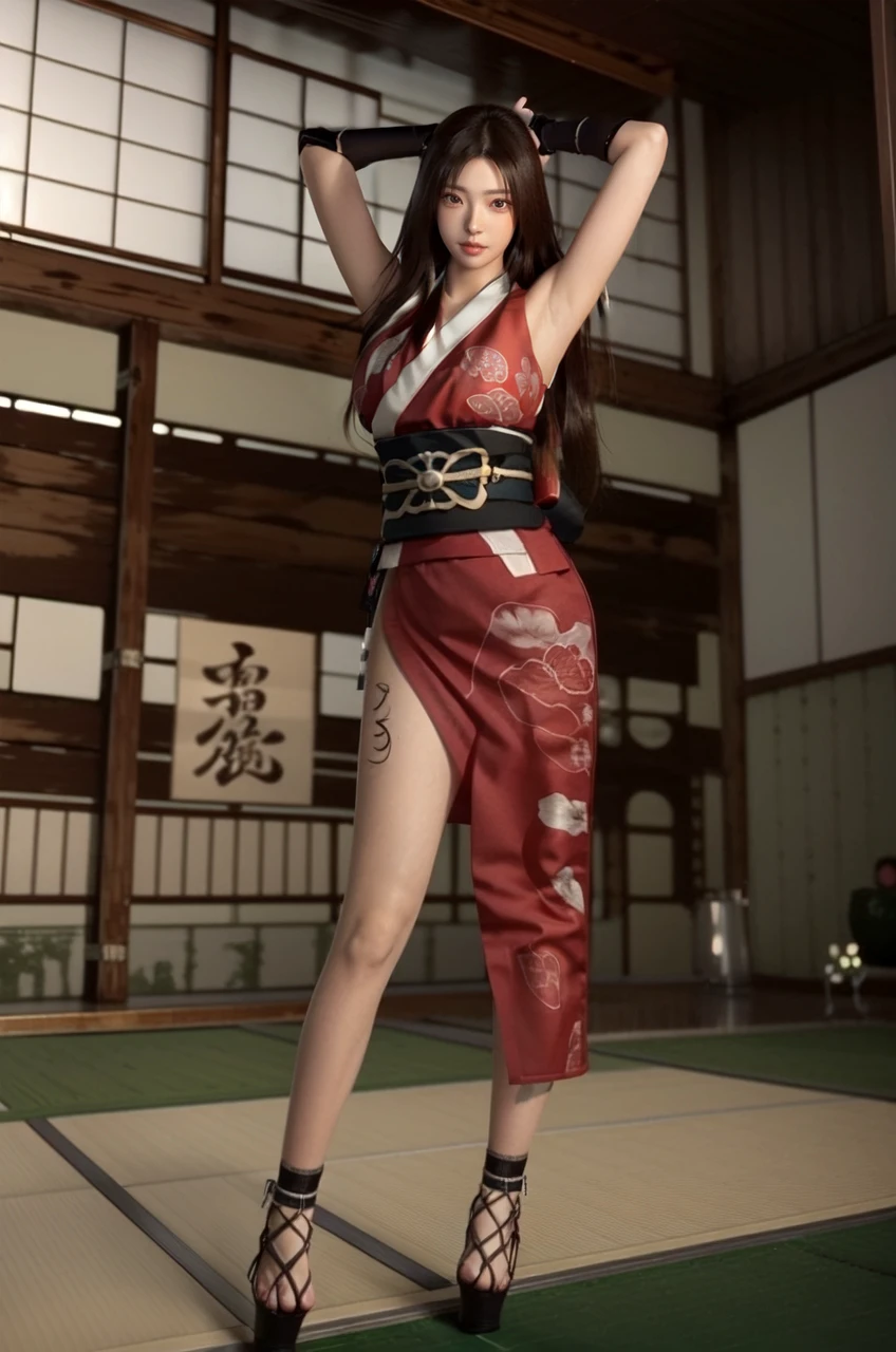 arms up, standing, kinu, 1girl, asian female, solo, gloves, japanese clothes, sandals, long hair,  full body, ninja, black hair, fingerless gloves, red kimono, tattoo, sash, obi, arm guards, kimono,   sleevesless, brown eyes, fishnets, black socks, indoors, beautiful background, Japanese Traditional Architecture, night, (realistic, photo:1.4), <lora:kinu-30:1:lbw=MIDD>