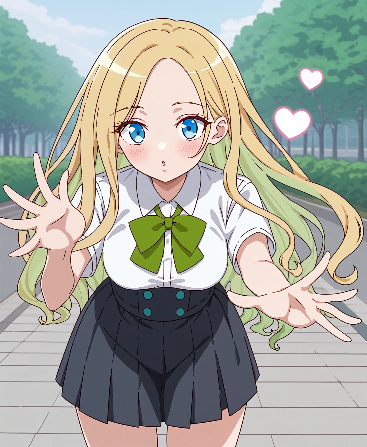 anna aveiro, blowing kiss, outstretched hand, heart symbol, leaning forward, white shirt, short sleeves, green bow, school uniform, high waist skirt, black skirt,
blonde hair, long hair, green inner hair, blue eyes, solo, 1girl, outdoors, thighs
<lora:anna:1>