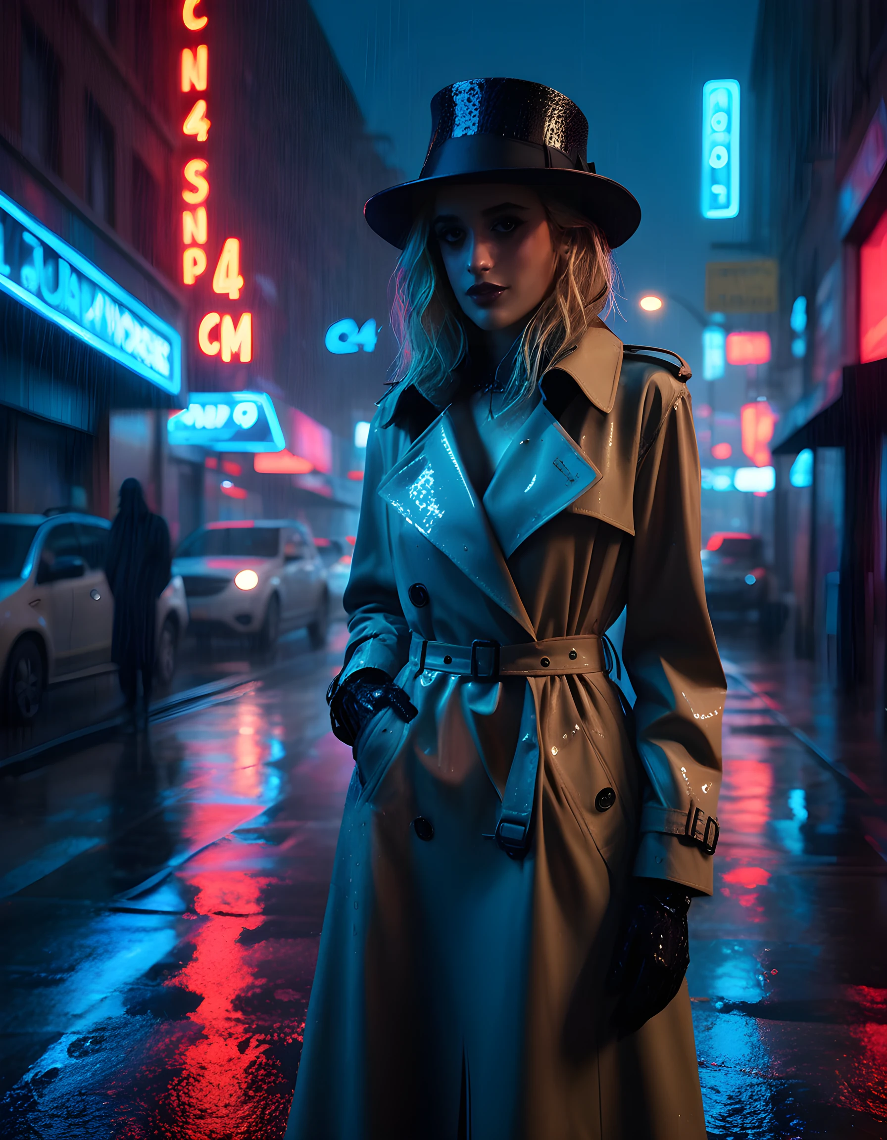 In a hauntingly surreal and noir-inspired scene, the captivating C4M1LL4 stands center frame against the gritty backdrop of a neon-lit, rain-soaked cityscape. With her distinct c4m1ll4 outfit of a tailored trench coat in a shimmering electric blue, paired with lace gloves and a top hat adorned with ominous red feathers, she poses confidently with a cryptic smile, her piercing eyes locking onto the viewer's soul from beneath the brim of her hat. The dramatic low-angle shot creates an air of mystery and power, casting elongated shadows that dance on the wet pavement as the harsh neon lights reflect off the raindrops, creating a mesmerizing and enigmatic atmosphere that leaves the viewer both entranced and unsettled.