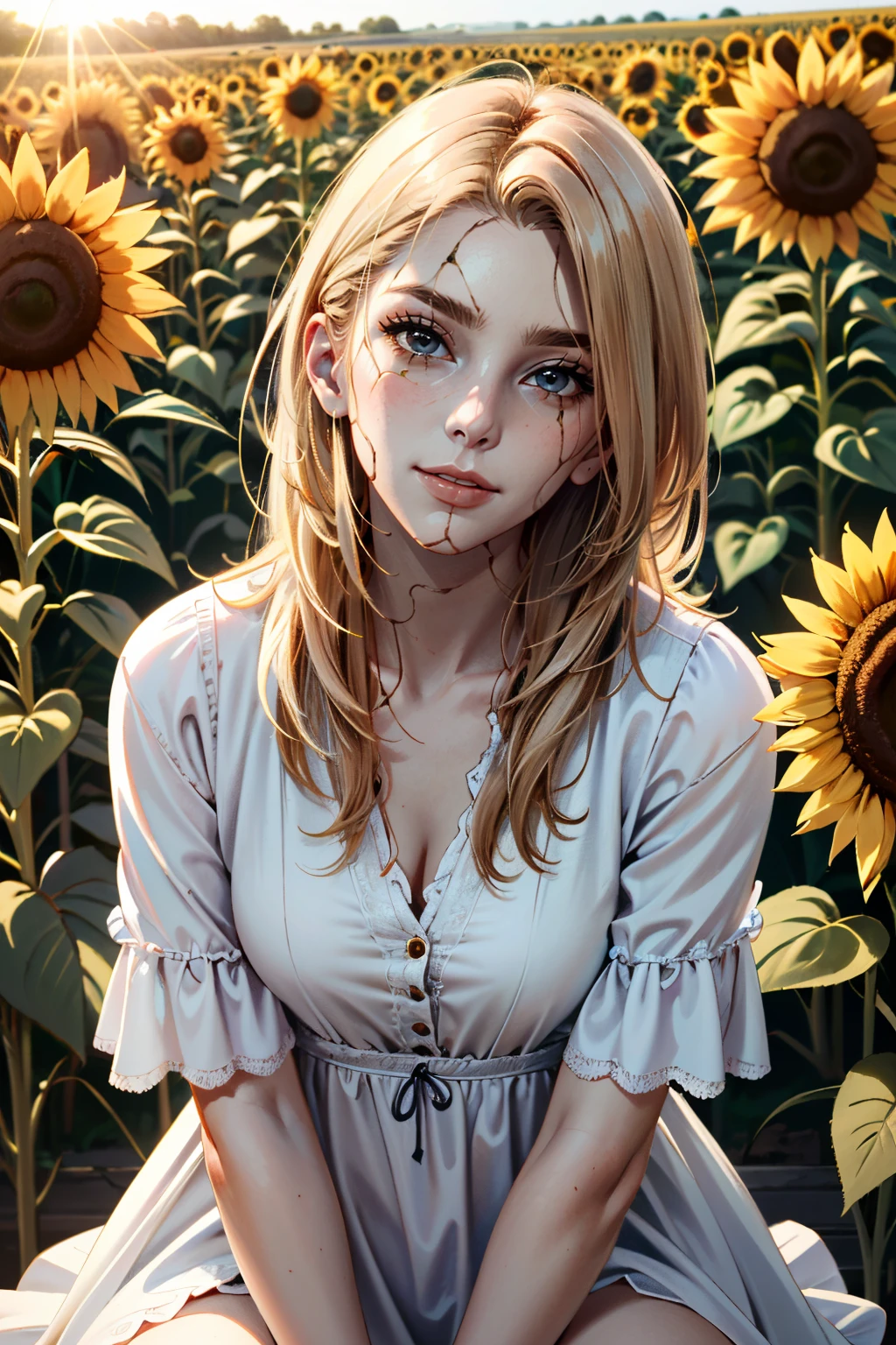 ((ultra detailed, masterpiece, absurdres))
<lora:BGDameAylin:0.8>
BGDameAylin, 1girl, cracked skin, blonde hair, looking at viewer, sitting in a sunflower field, looking up, sunlight