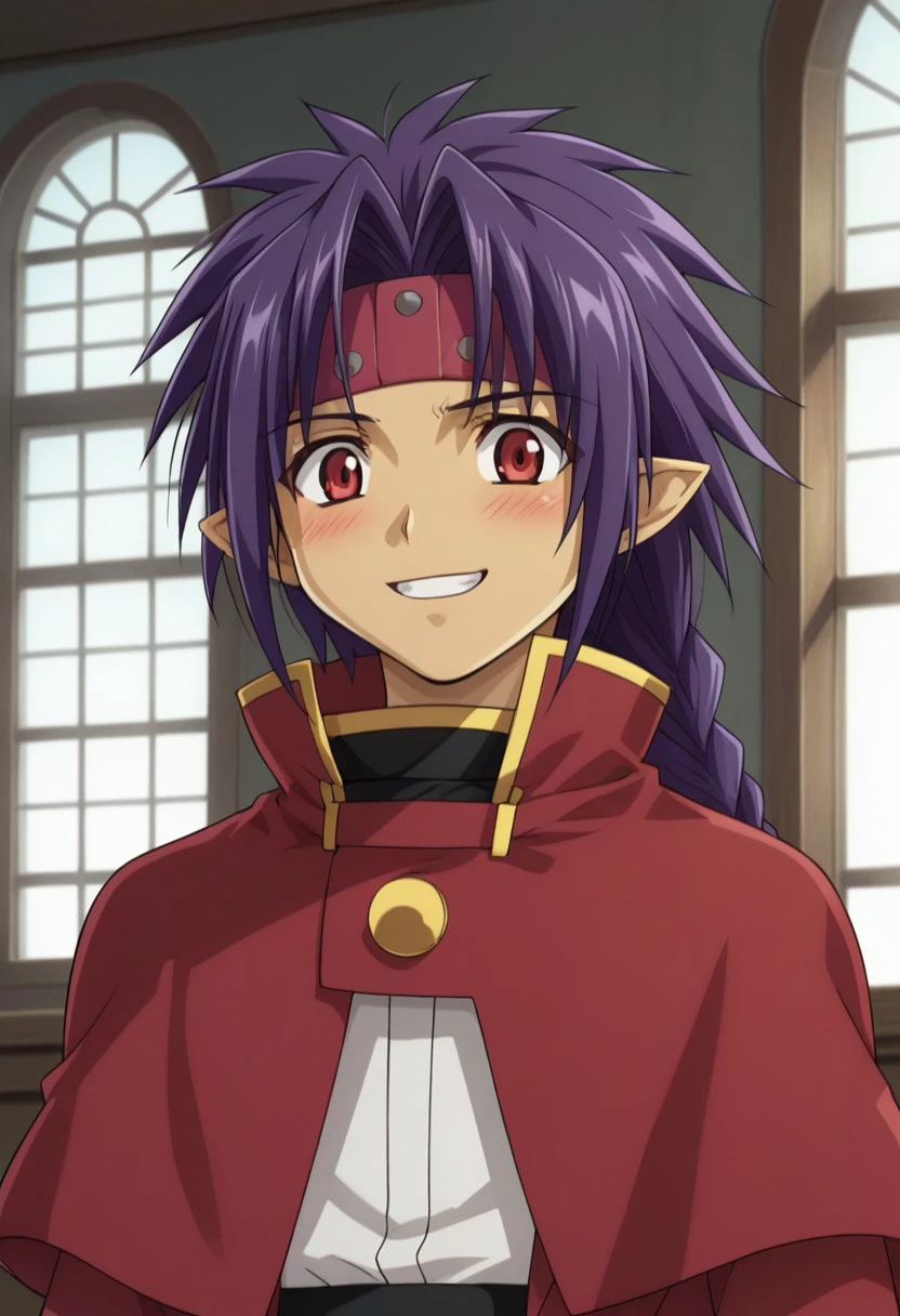 score_9, score_8_up, score_7_up, source_anime, highly detailed, 
chrono, solo, braid, 1boy, long hair, male focus, red eyes, upper body, headband, purple hair, bow, coat, smile, single braid, capelet, pointy ears, shirt, white shirt, tailcoat, red tailcoat, red capelet, dark skin, dark-skinned male, 
indoor, window, embarassed, teeth, blush,