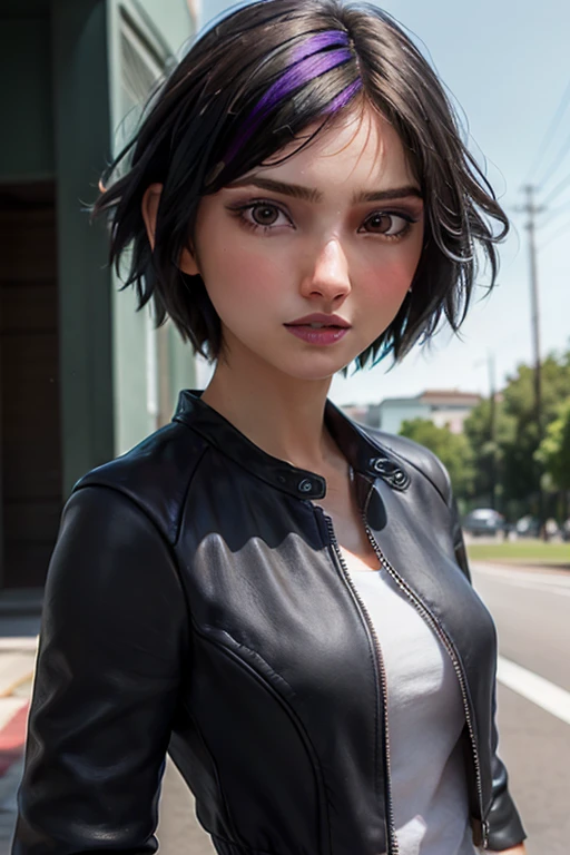 A stunning and intricate full color portrait in Ultra-HD, girl, short multicolored hair, brown eyes, detailed face, dressed in a short black jacket, raised sleeves, jewelry, epic character composition, alessio albi. nina masic, sharp focus, natural lighting, subsurface dispersion, f2, 35mm<lora:EMS-383051-EMS:1.000000>